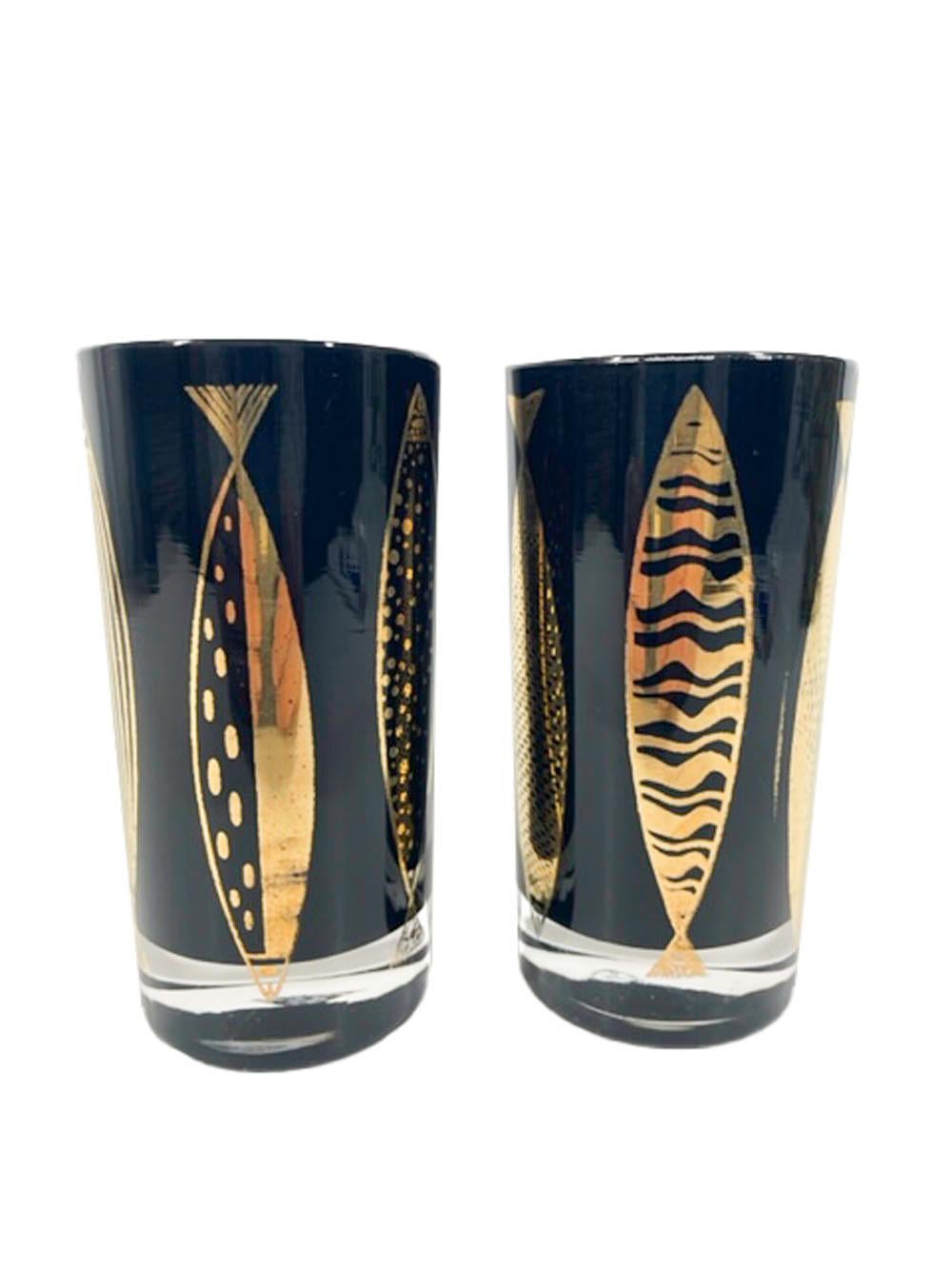 Américain Verres Highball Mid-Century de Fred Press en noir avec poisson atomique doré en vente