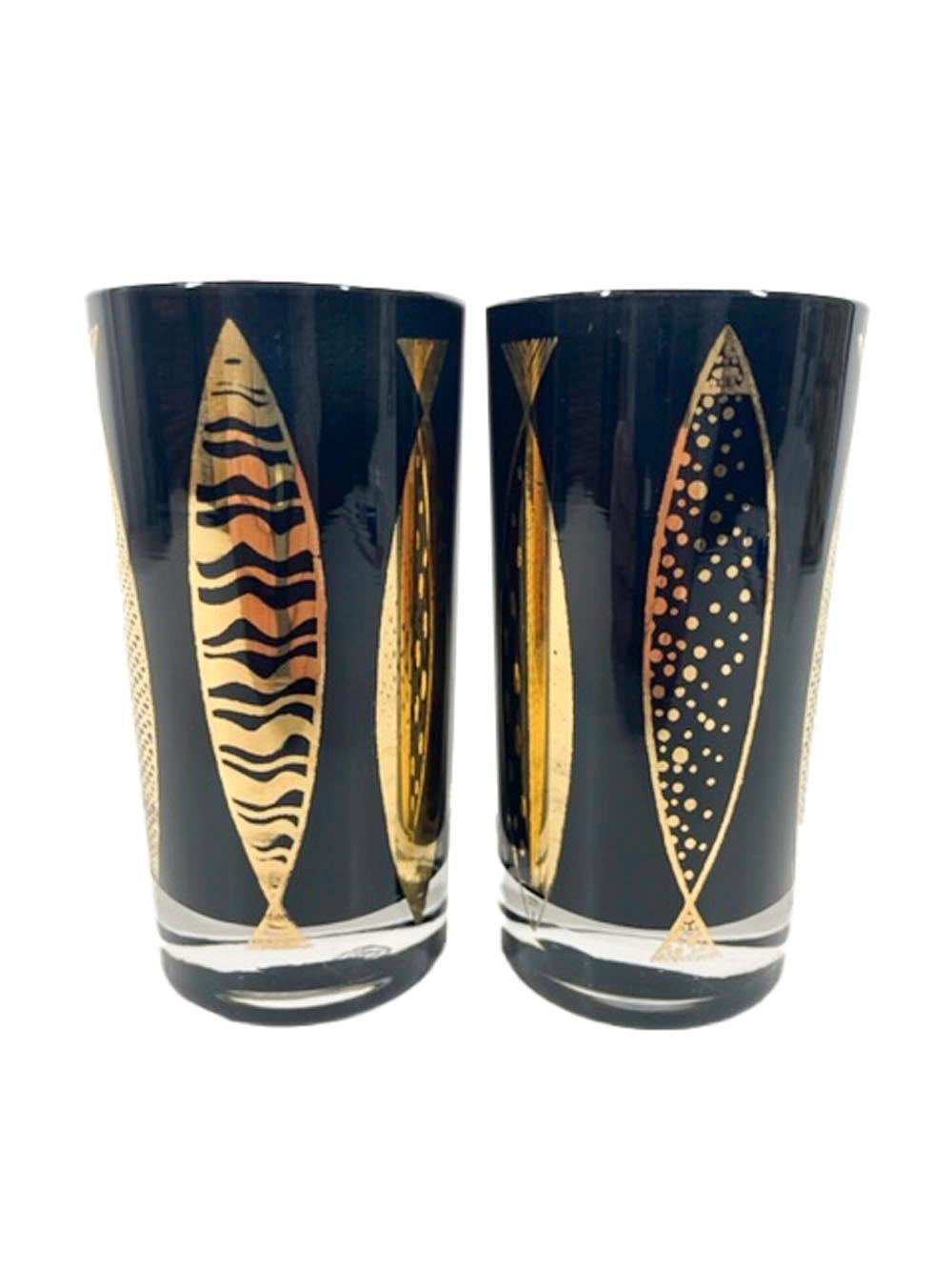Mid-Century Modern Mid-Century Fred Press Highball Glasses in Black with Gold Atomic Fish For Sale