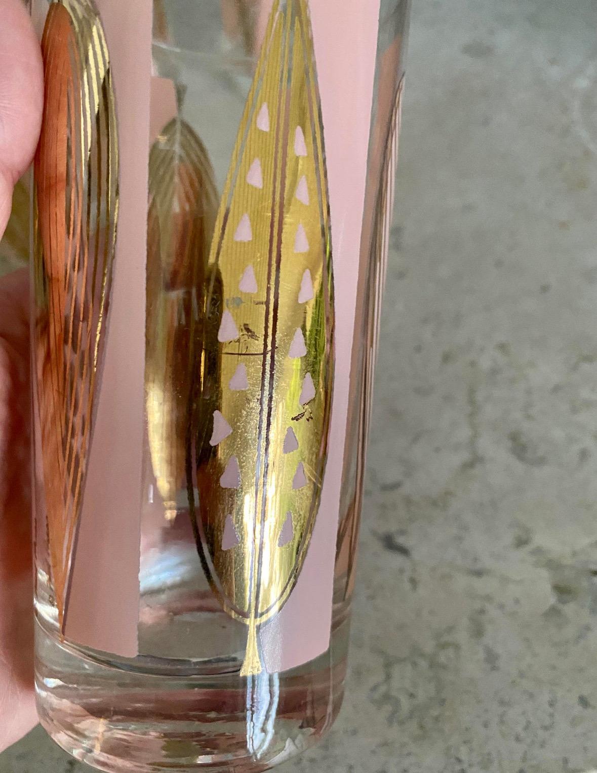 Mid-Century Fred Press Signed Pink & Clear 22-Karat Gold Leaves Glasses-Set of 6 For Sale 3
