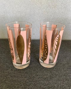 Mid-Century Fred Press Signed Pink & Clear 22-Karat Gold Leaves Glasses-Set of 6