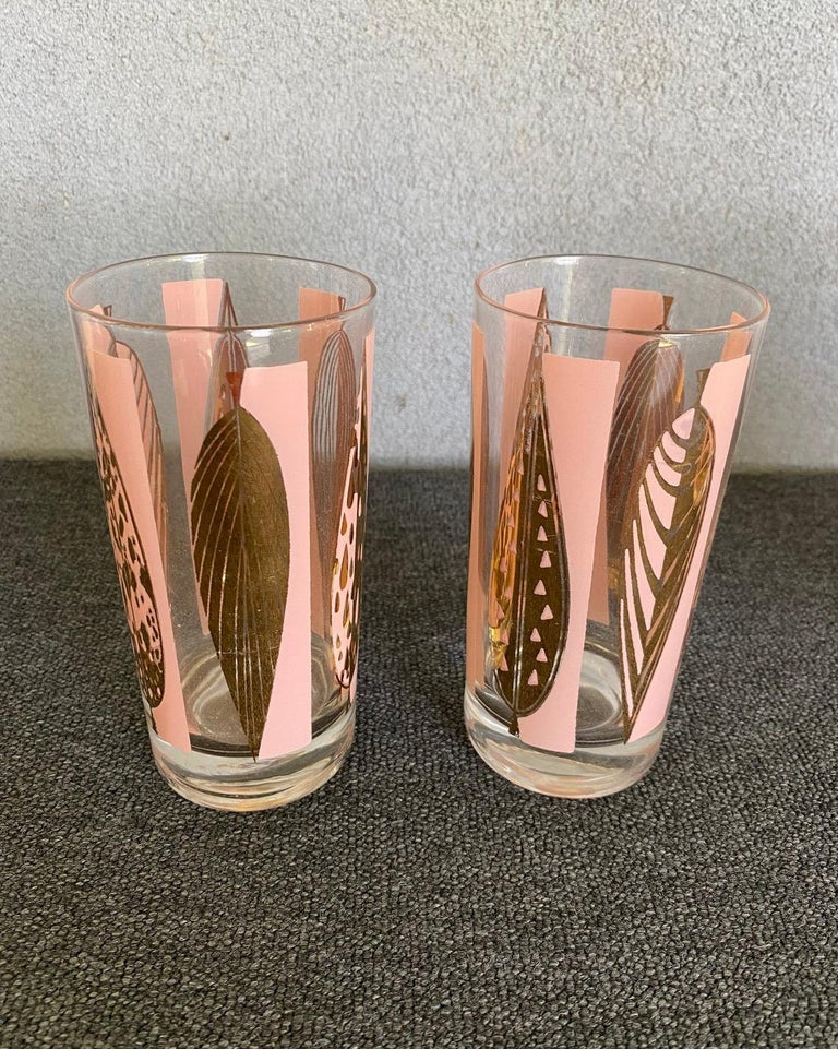 Mid-Century Fred Press Signed Pink and Clear 22-Karat Gold Leaves Glasses-Set  of 6 For Sale at 1stDibs