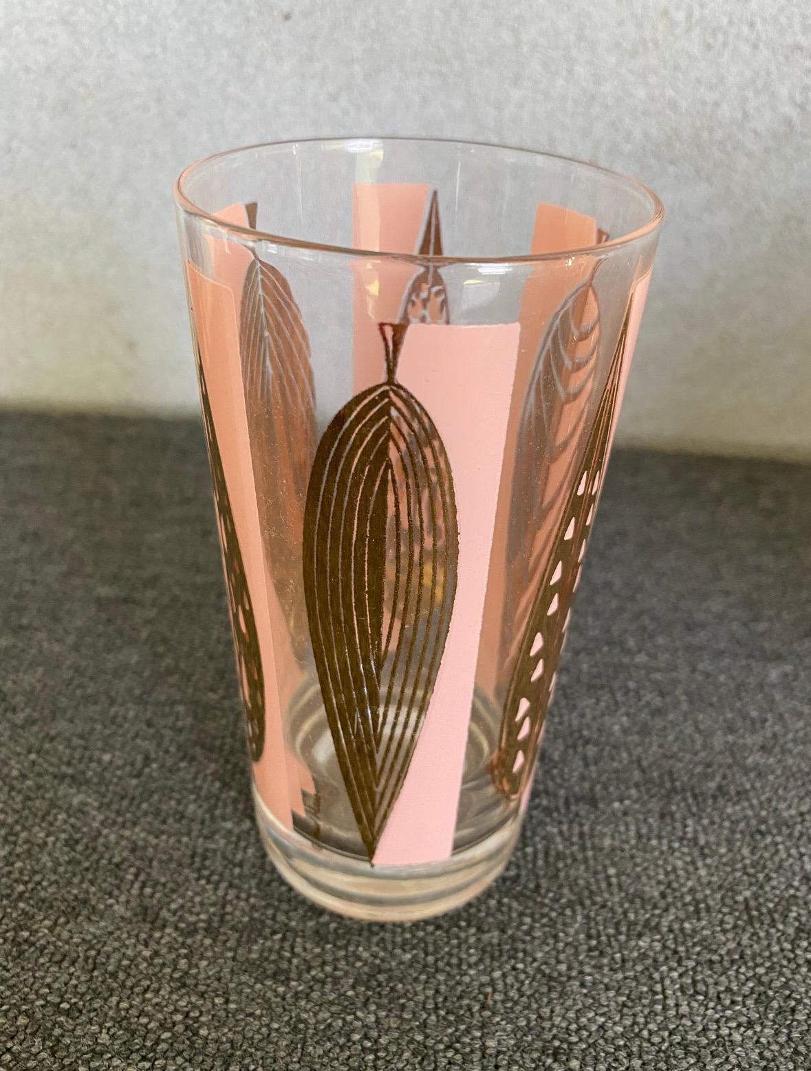 Mid-Century Modern Mid-Century Fred Press Signed Pink & Clear 22-Karat Gold Leaves Glasses-Set of 6 For Sale