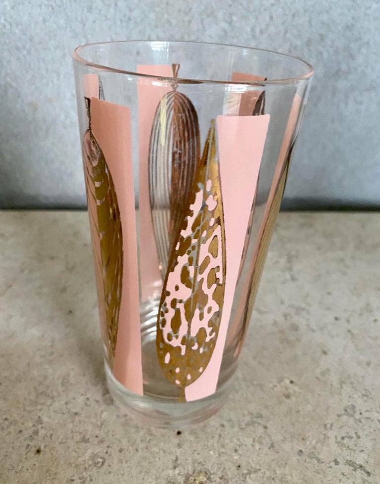 Mid-Century Fred Press Signed Pink and Clear 22-Karat Gold Leaves Glasses-Set  of 6 For Sale at 1stDibs