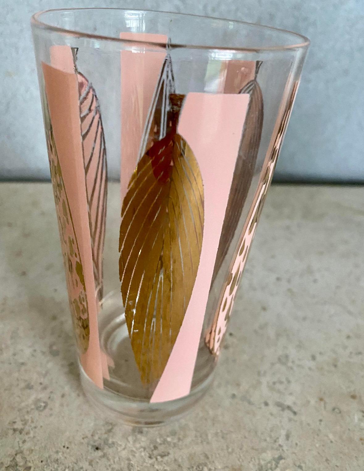 Painted Mid-Century Fred Press Signed Pink & Clear 22-Karat Gold Leaves Glasses-Set of 6 For Sale