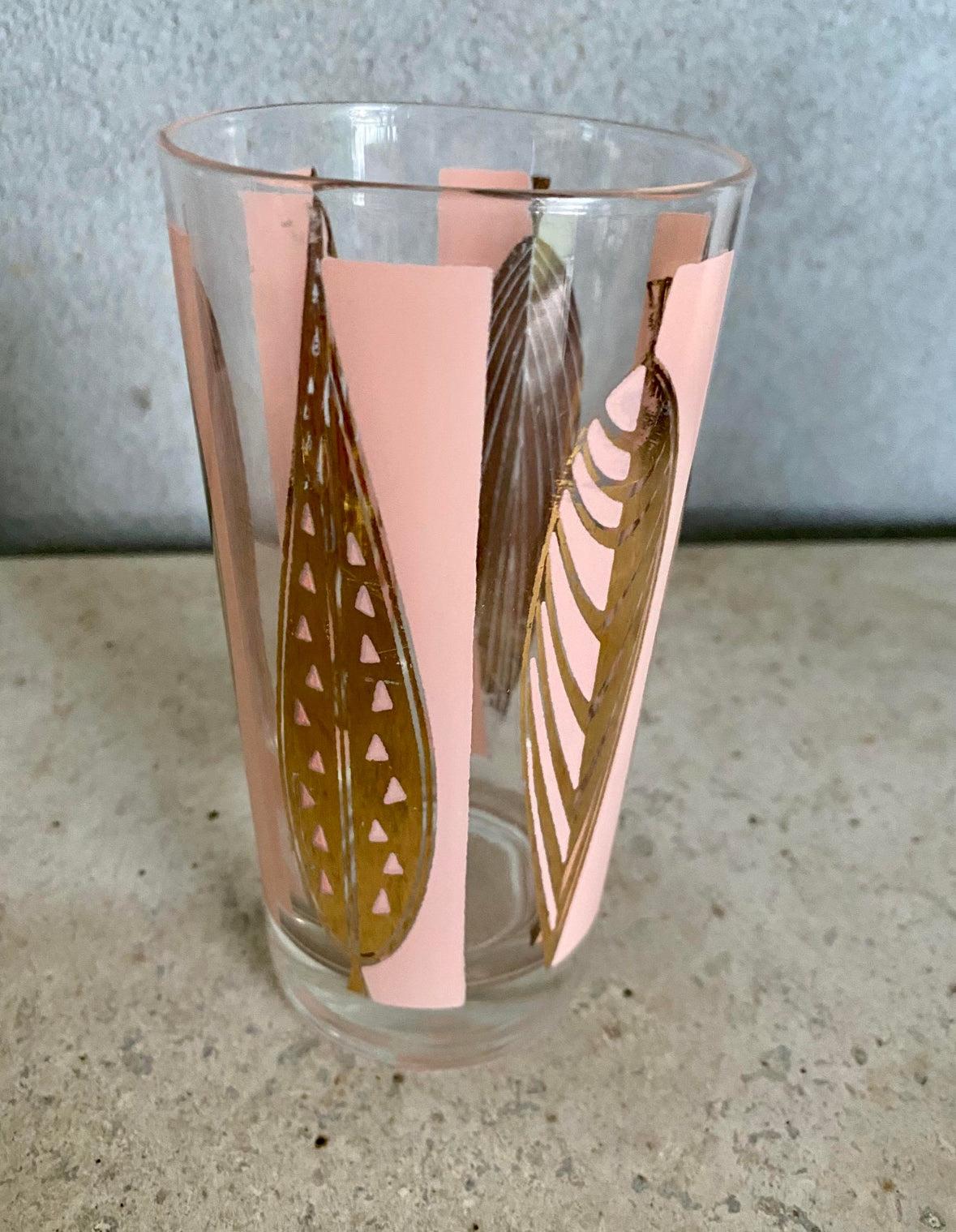Mid-Century Fred Press Signed Pink & Clear 22-Karat Gold Leaves Glasses-Set of 6 In Good Condition For Sale In Fort Washington, MD