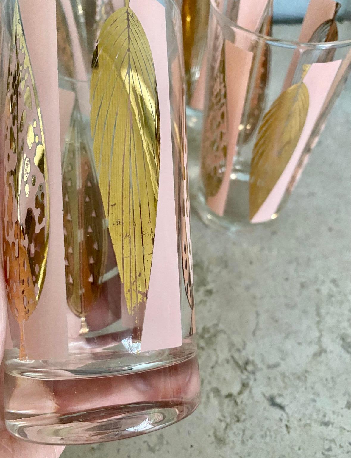 20th Century Mid-Century Fred Press Signed Pink & Clear 22-Karat Gold Leaves Glasses-Set of 6 For Sale
