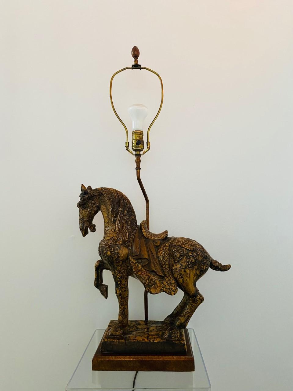 Original Mid-Century Modern plaster Tang dynasty style horse, with a brass rod supporting a vintage custom square shade. The beautiful finish (faux marble) makes this piece sculptural and powerful. Very Hollywood Regency. This incredible piece is by