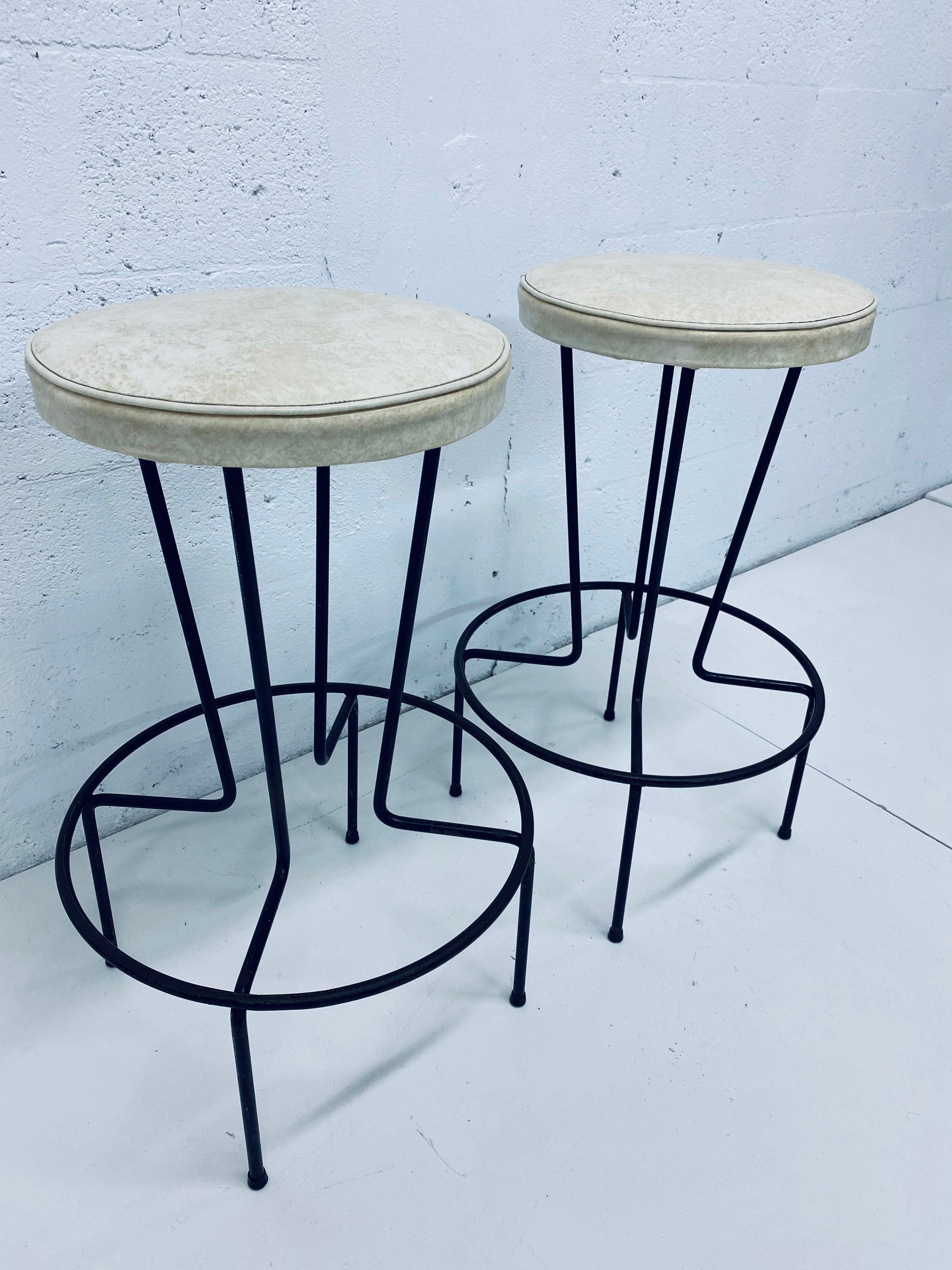 Mid-Century Modern Mid-Century Frederick Weinberg Wrought Iron Bar Stools, a Pair