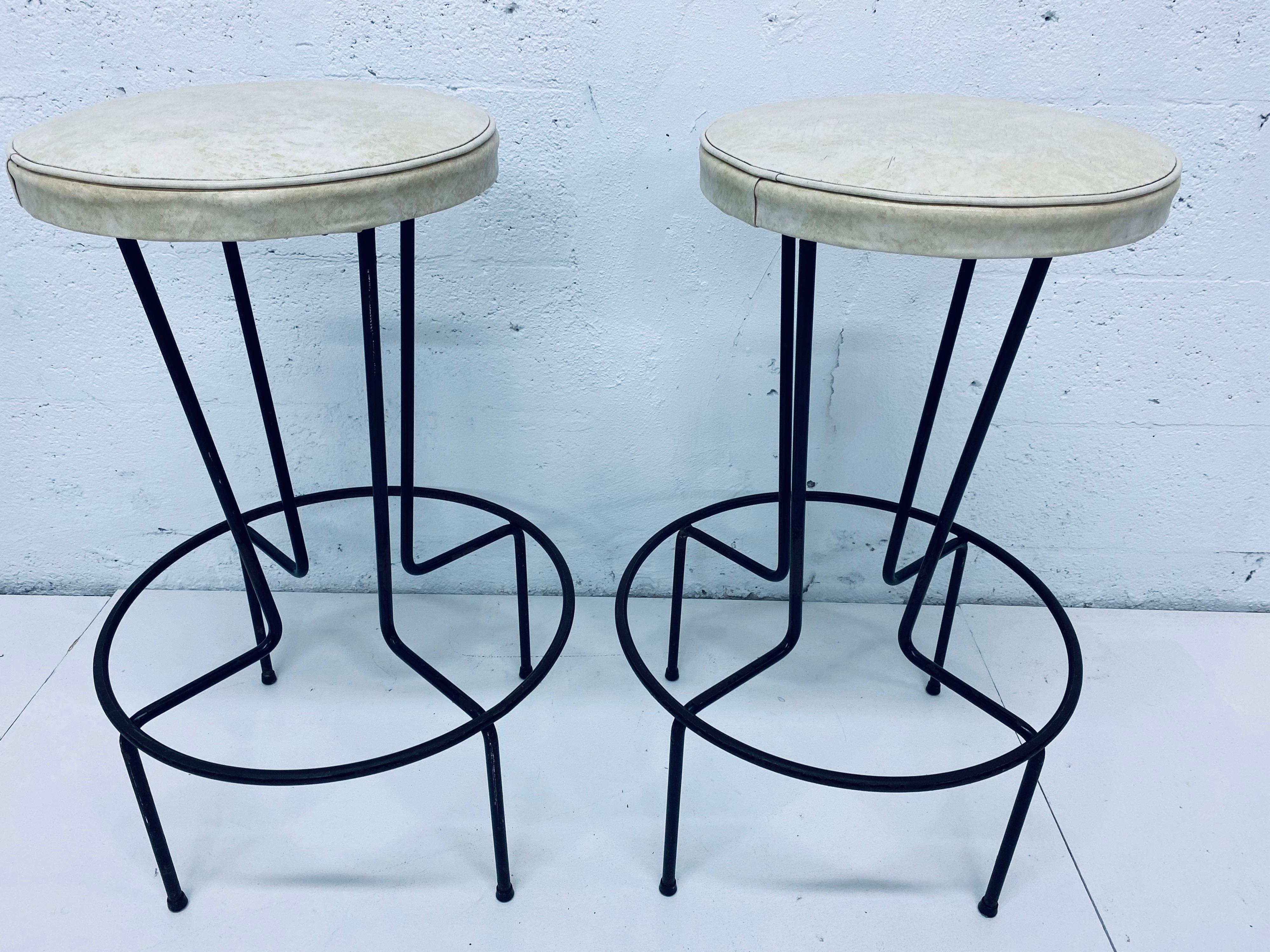American Mid-Century Frederick Weinberg Wrought Iron Bar Stools, a Pair