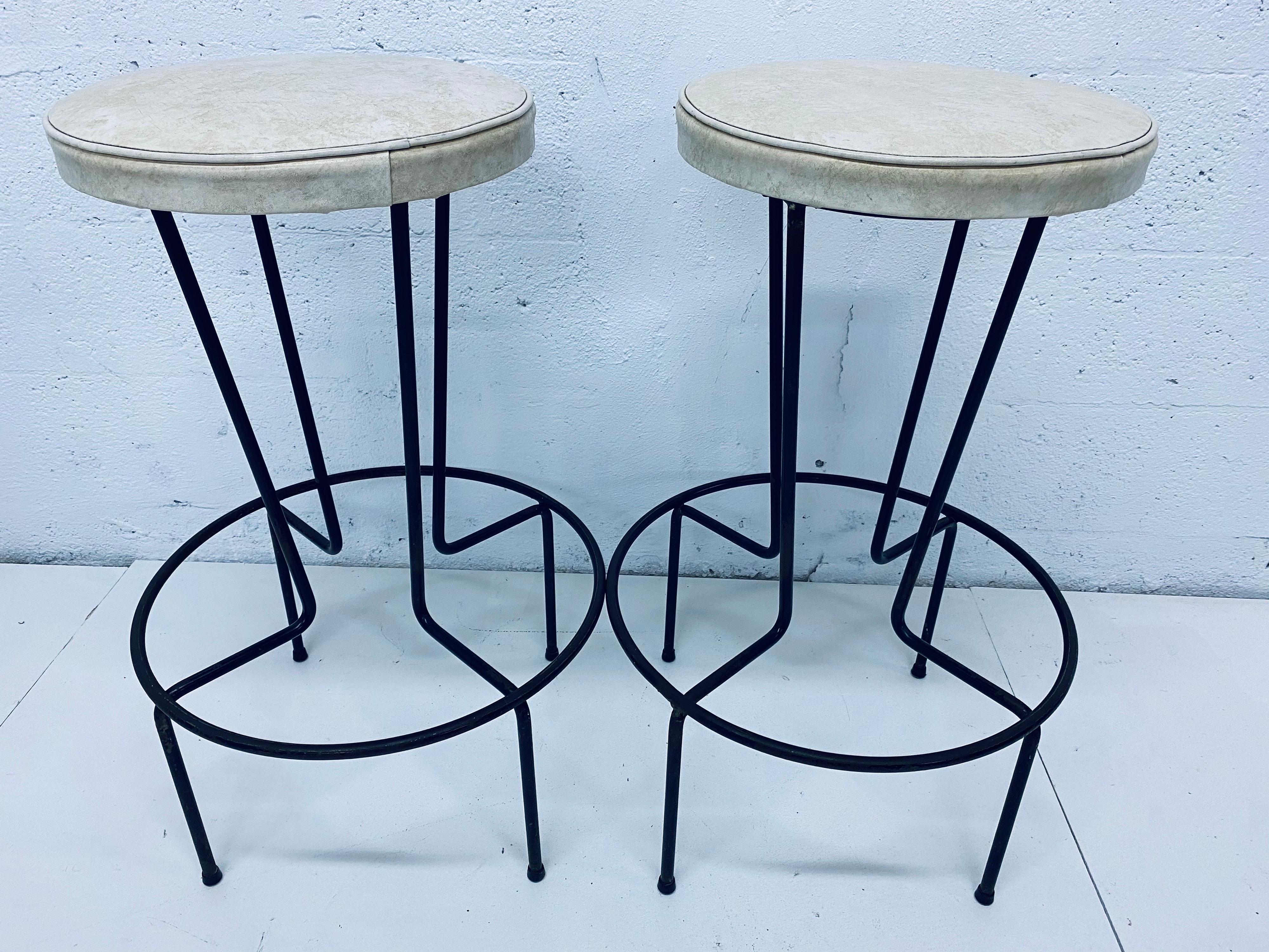 Mid-Century Frederick Weinberg Wrought Iron Bar Stools, a Pair In Good Condition In Miami, FL