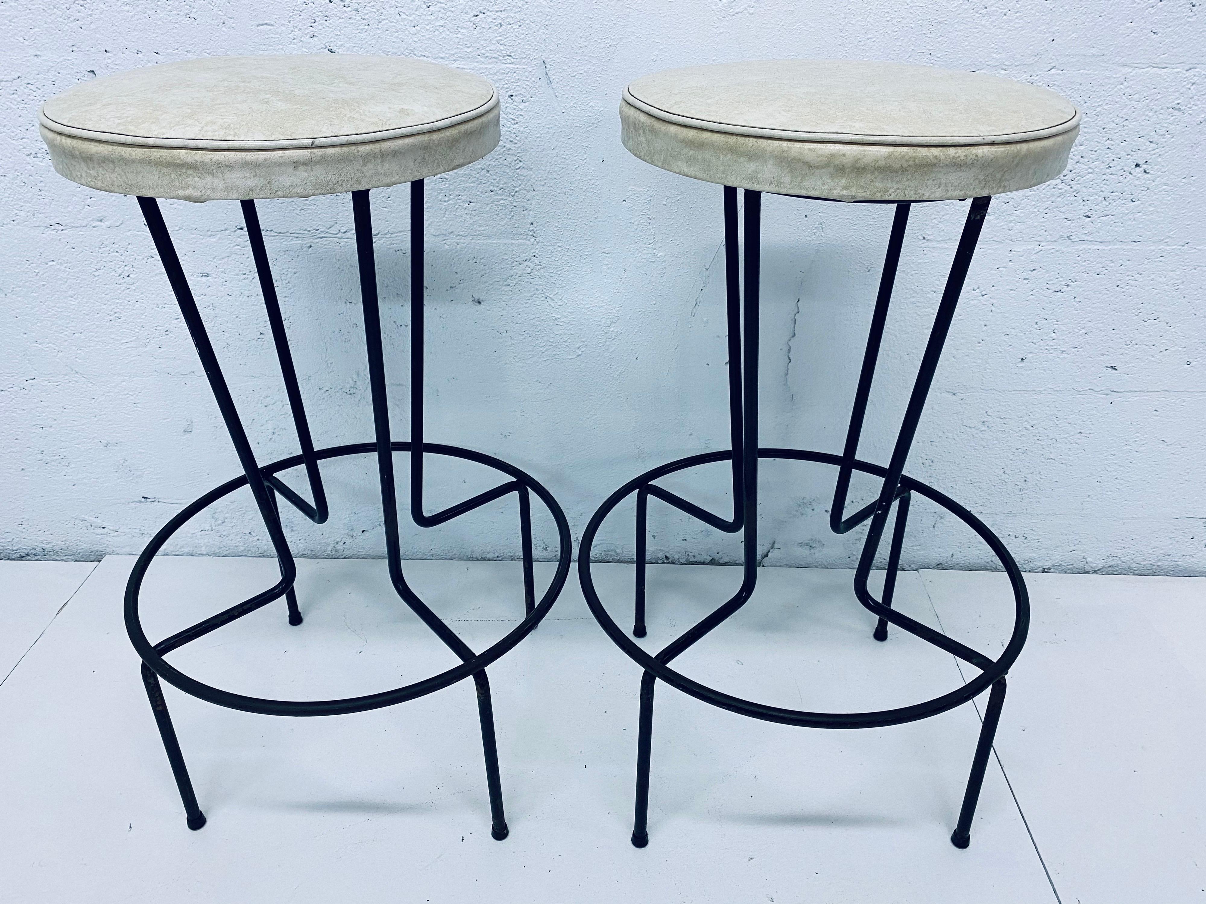 Mid-20th Century Mid-Century Frederick Weinberg Wrought Iron Bar Stools, a Pair