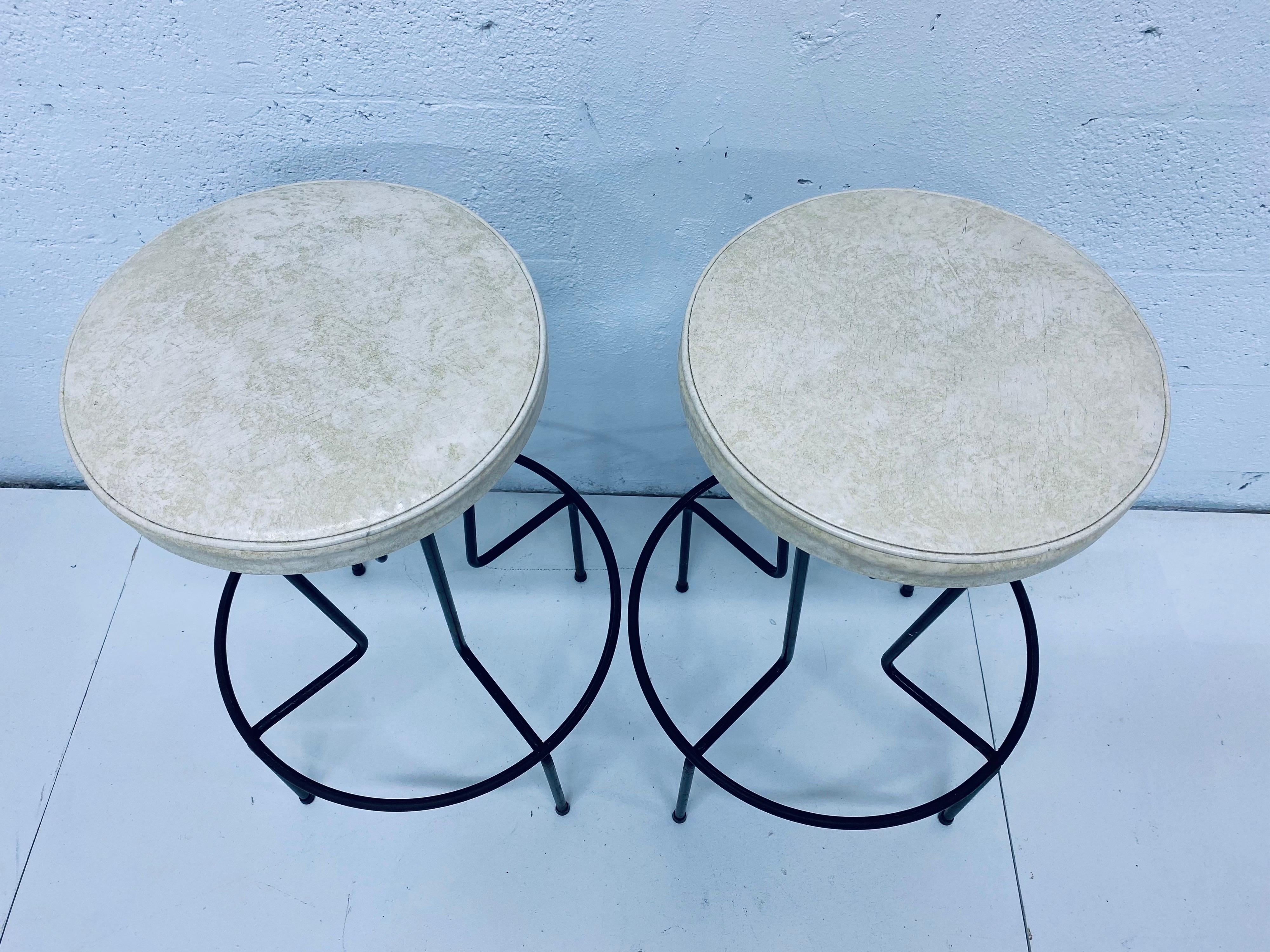 Faux Leather Mid-Century Frederick Weinberg Wrought Iron Bar Stools, a Pair