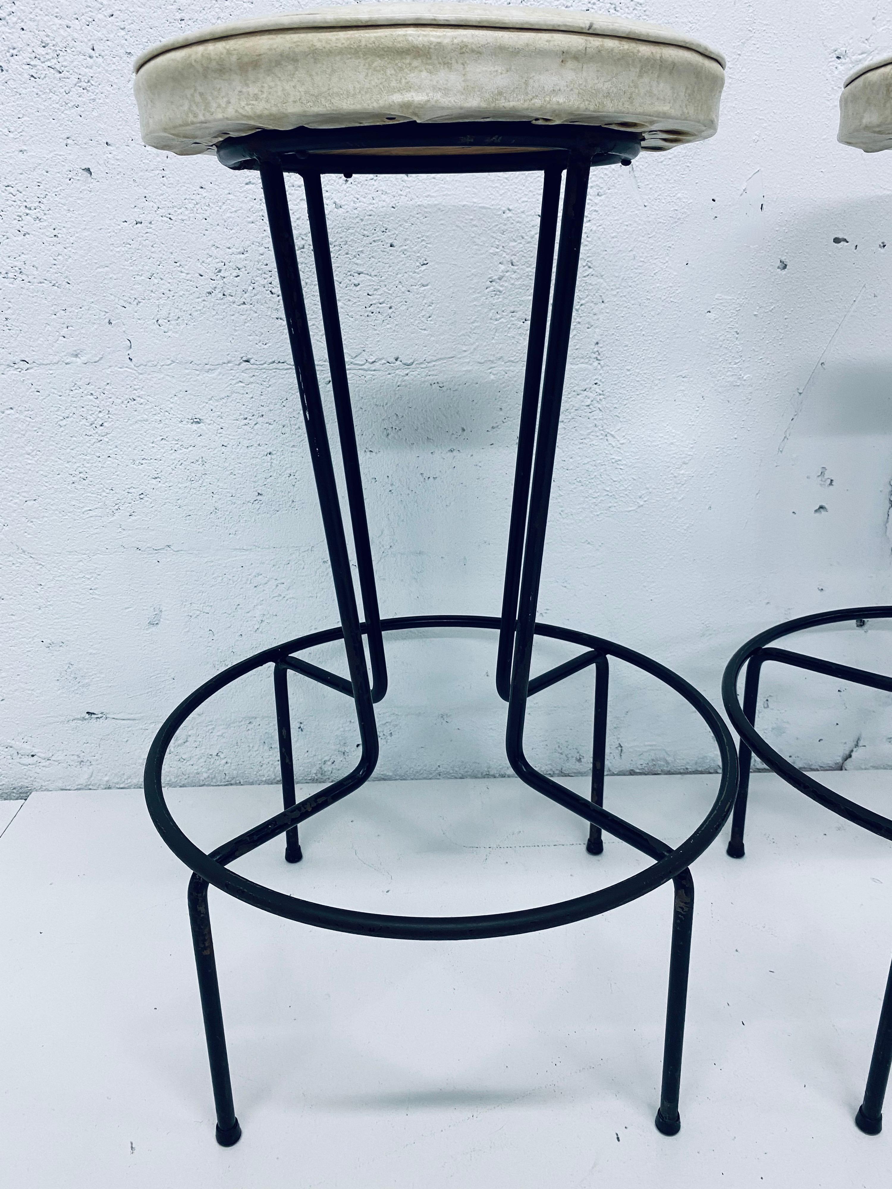 Mid-Century Frederick Weinberg Wrought Iron Bar Stools, a Pair 1
