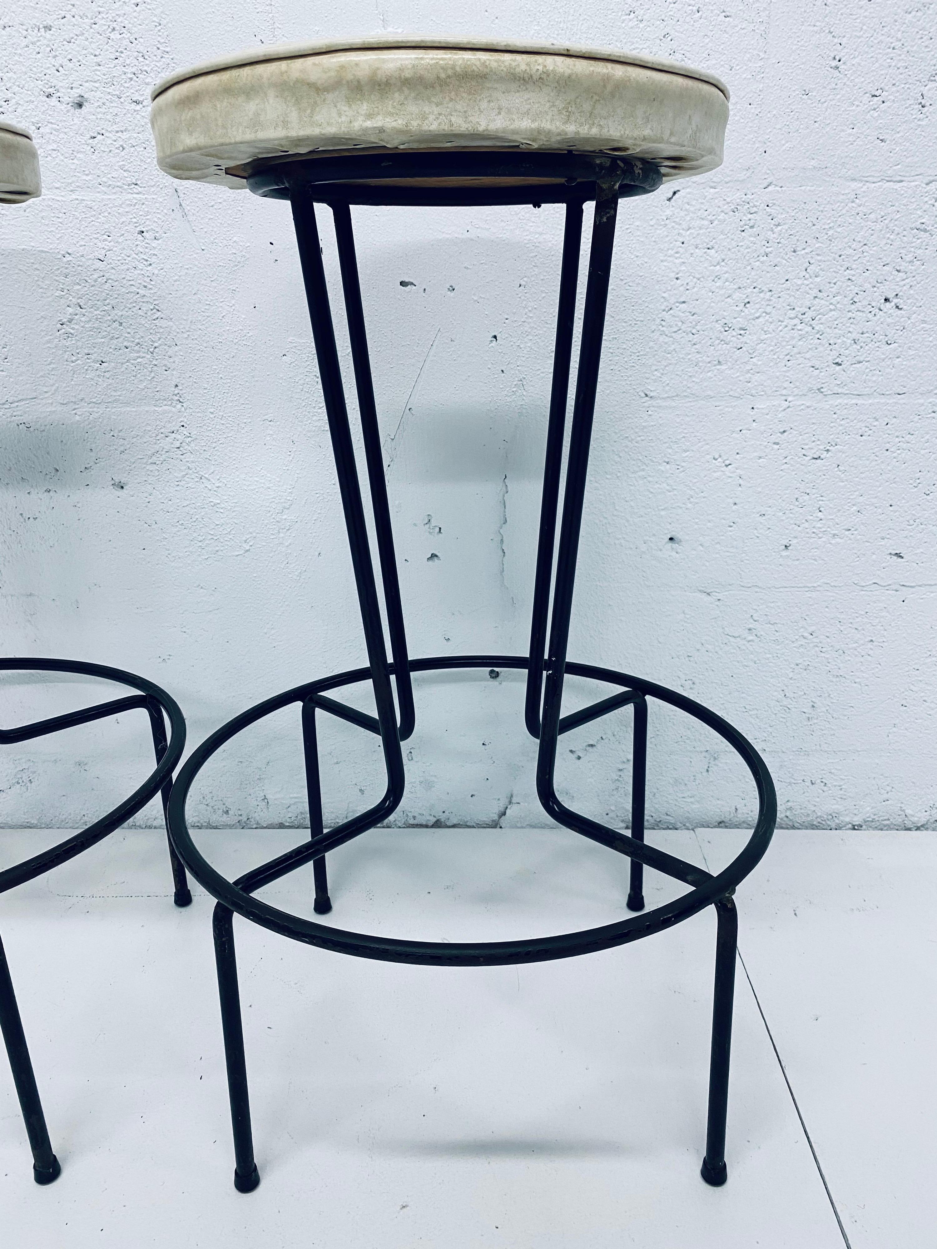 Mid-Century Frederick Weinberg Wrought Iron Bar Stools, a Pair 2