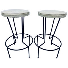 Mid-Century Frederick Weinberg Wrought Iron Bar Stools, a Pair