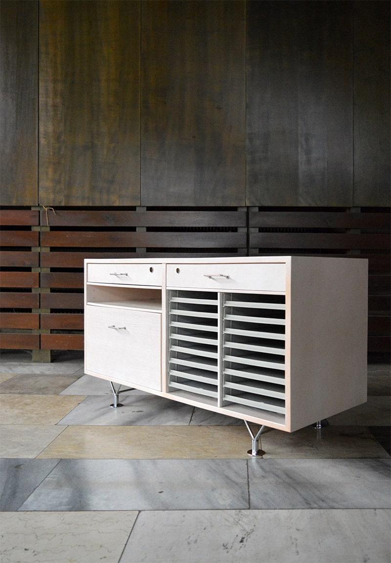 Rare Scandinavian freestanding sideboard model MI 806 designed by Bruno Mathsson in Sweden, 1960s.

This freestanding sideboard is made out of the very exclusive birch and consists of 16 removable plastic file drawers, one large drop file storage