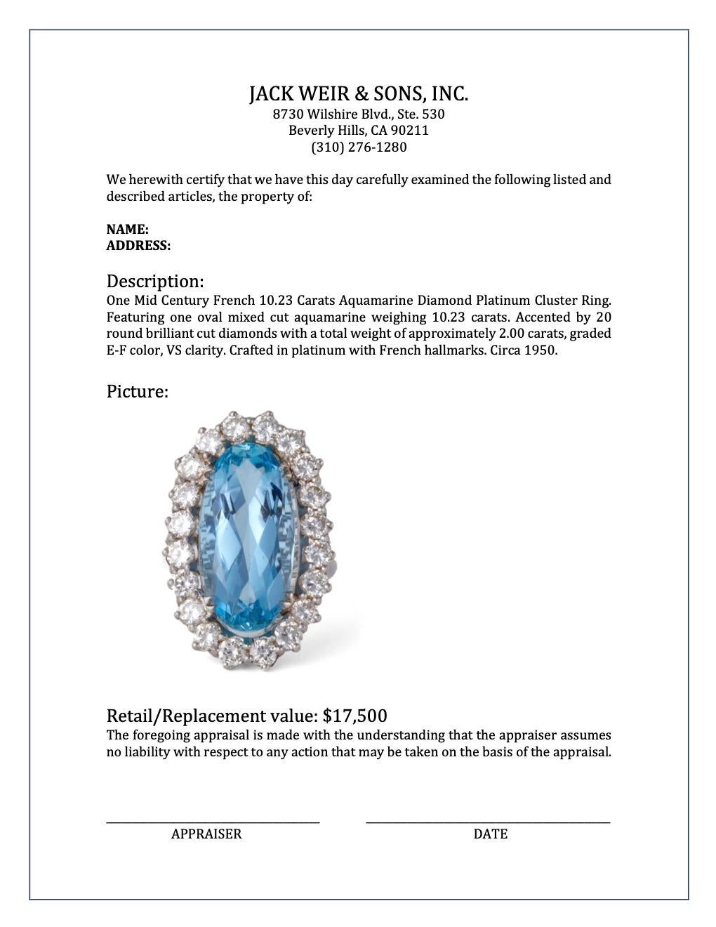 Midcentury French 10.23 Carats Aquamarine Diamond Platinum Cluster Ring 2