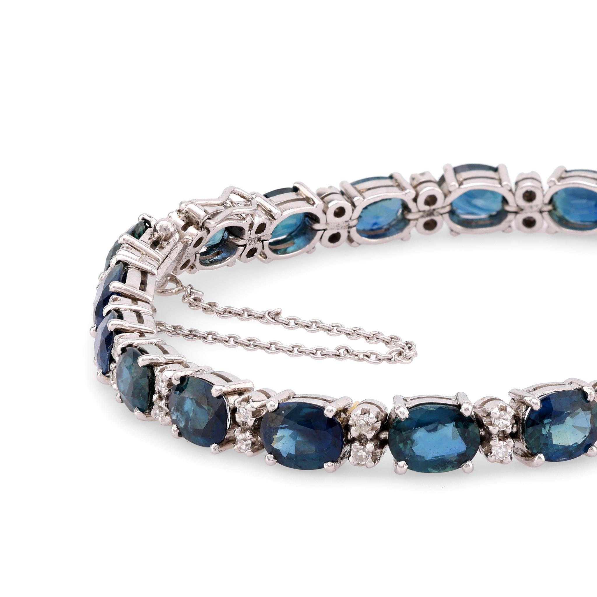 Modern Mid Century French 11 Carat Sapphire Diamond 18K White Gold Bracelet