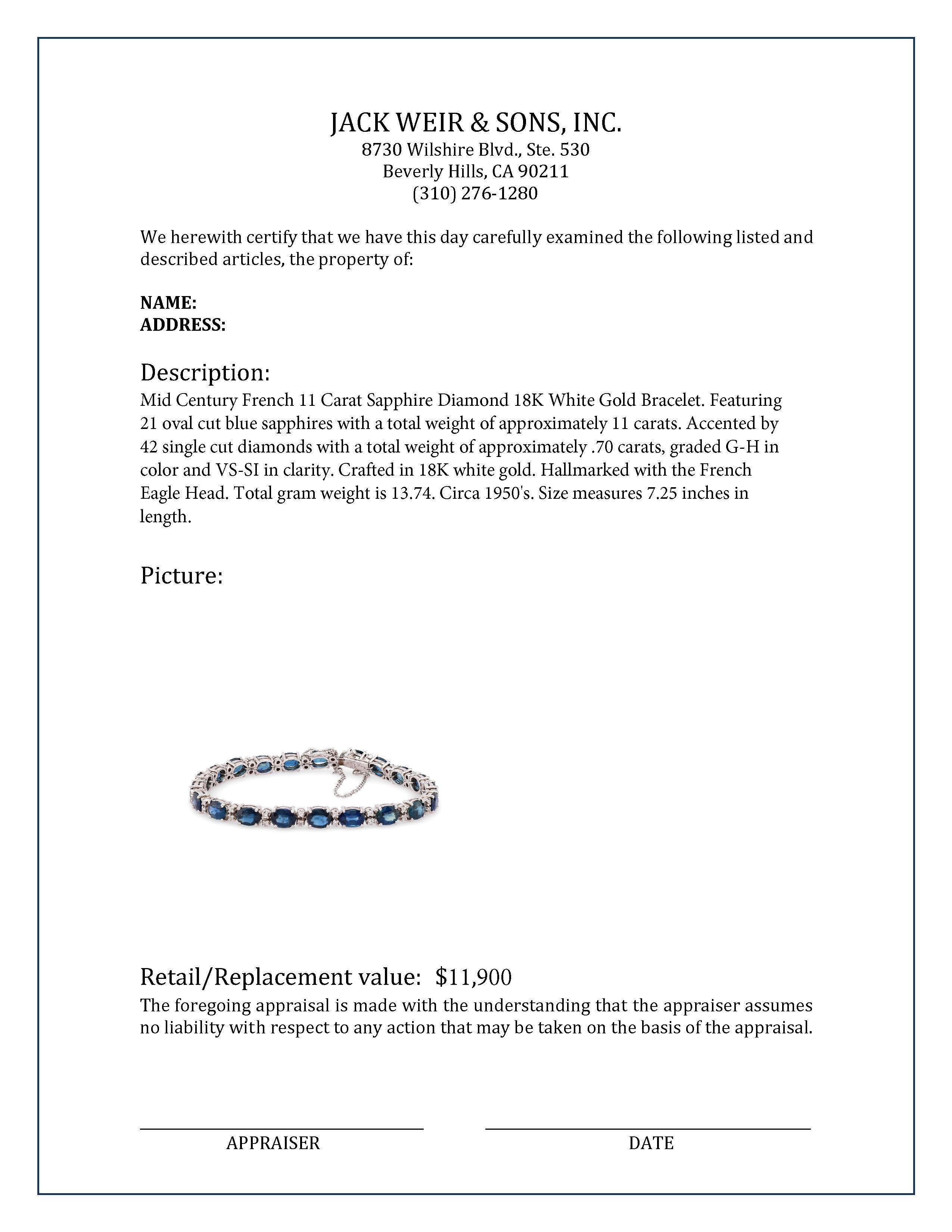 Mid Century French 11 Carat Sapphire Diamond 18K White Gold Bracelet In Excellent Condition In Beverly Hills, CA