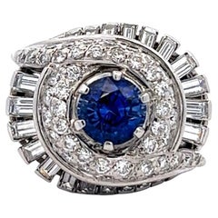 Midcentury French 1.28 Carats Sapphire Diamond Platinum Cocktail Ring Midcentury French 1.28 Carats Sapphire Diamond Platinum Cocktail Ring