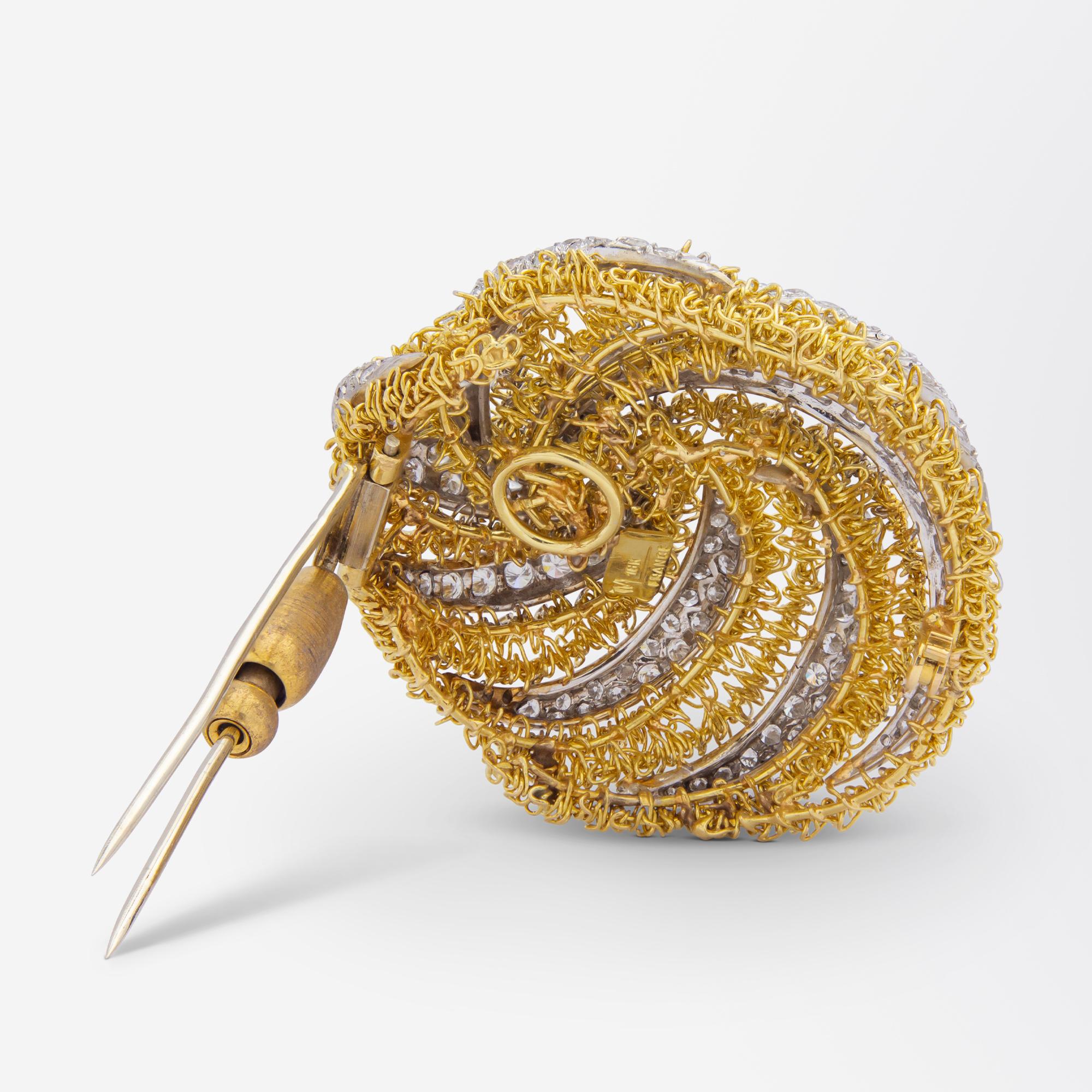 Retro Mid Century, French, 18 Karat Gold and Diamond Spiral Brooch Pin For Sale
