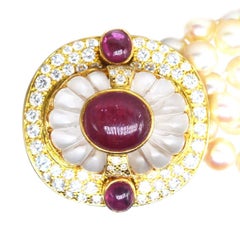 Mid Century French 18ct Gold Pearl Torsade Necklace w/ Gemset Clasp
