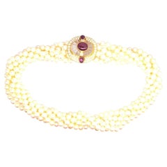 Mid Century French 18ct Gold Pearl Torsade Necklace w/ Gemset Clasp
