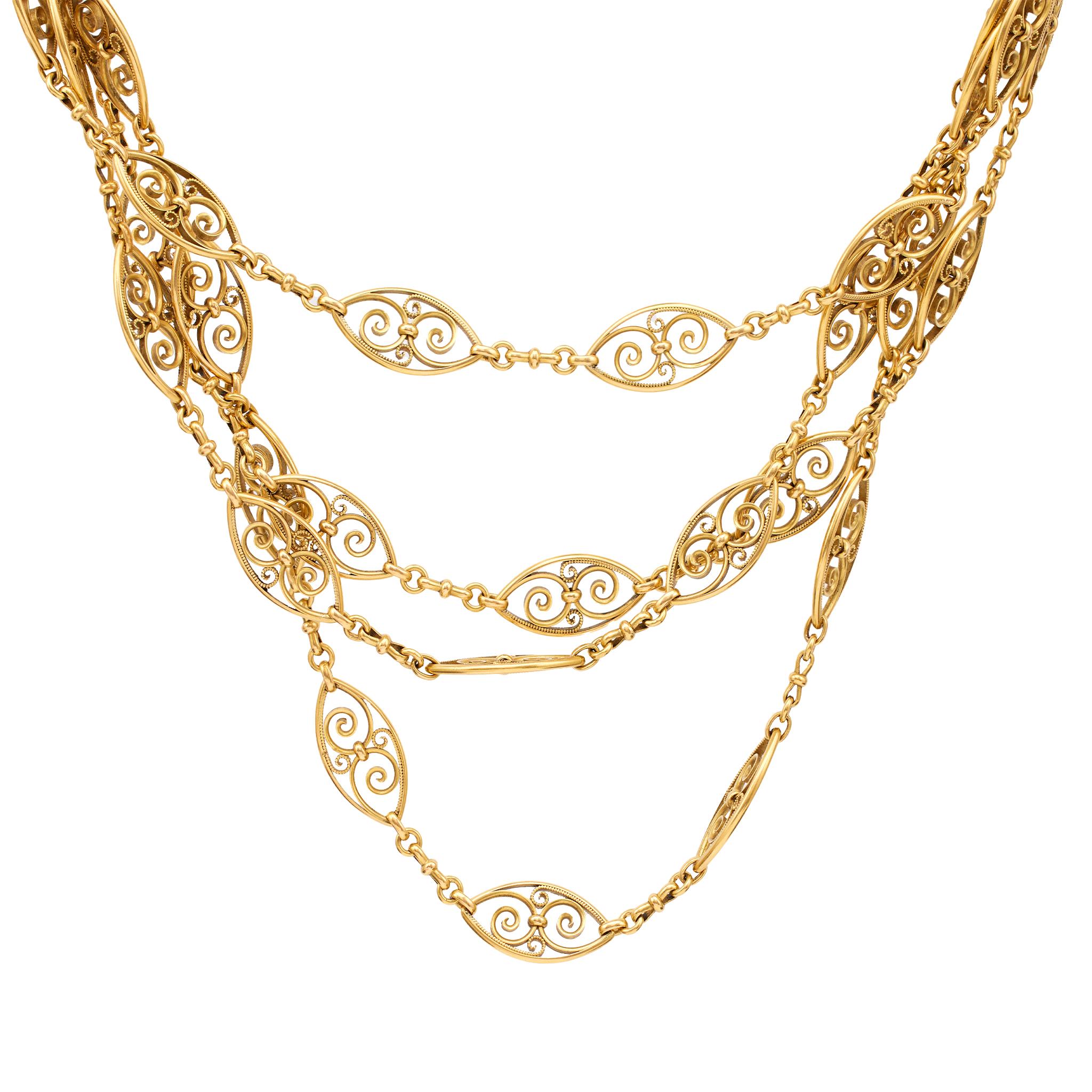 Mid-Century French 18k Yellow Gold 61 Inch Fancy Link Chain Necklace 1