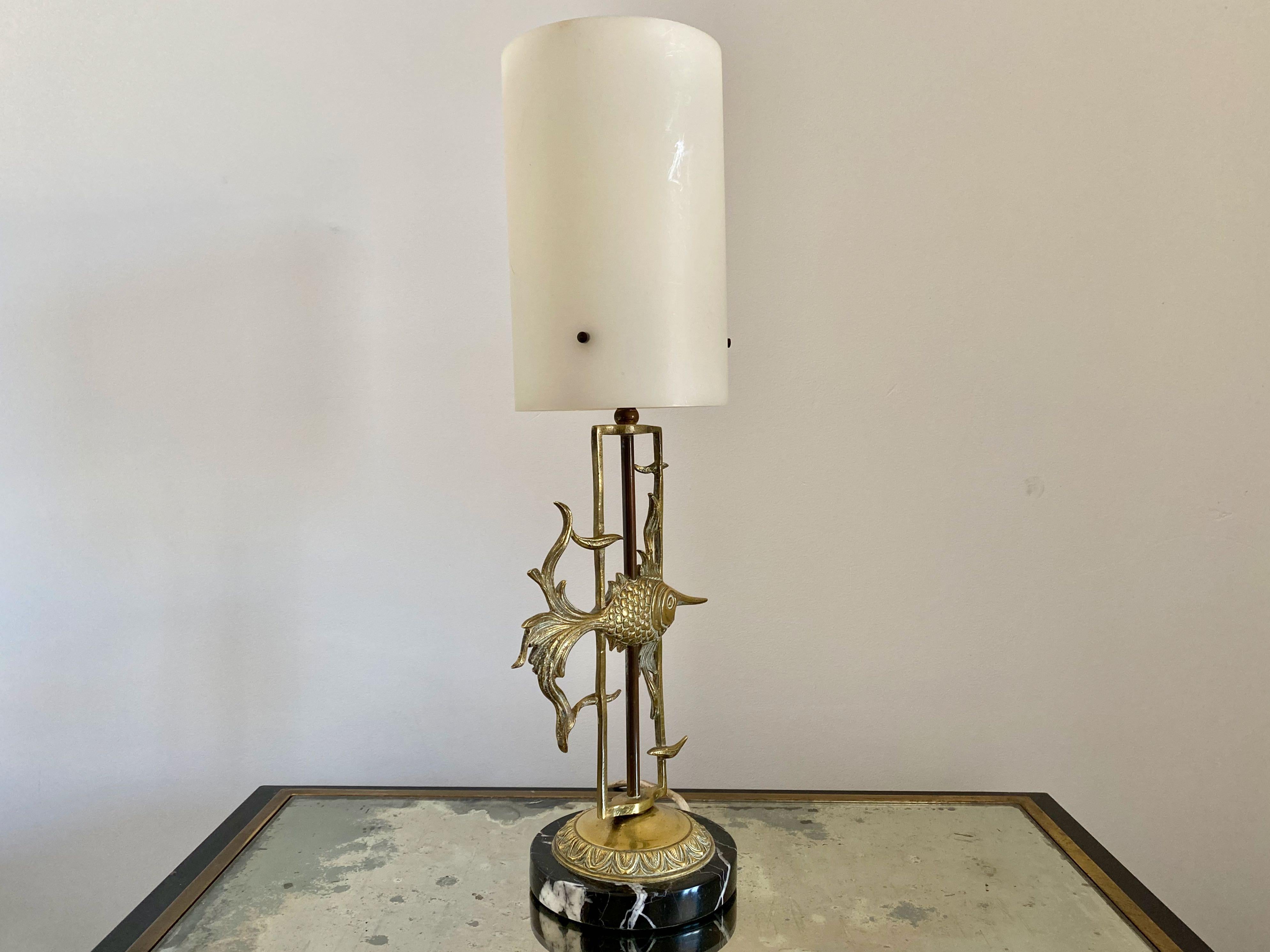 Fish lamp

Brass

Marble base

White plastic shade,

France, 1950s.