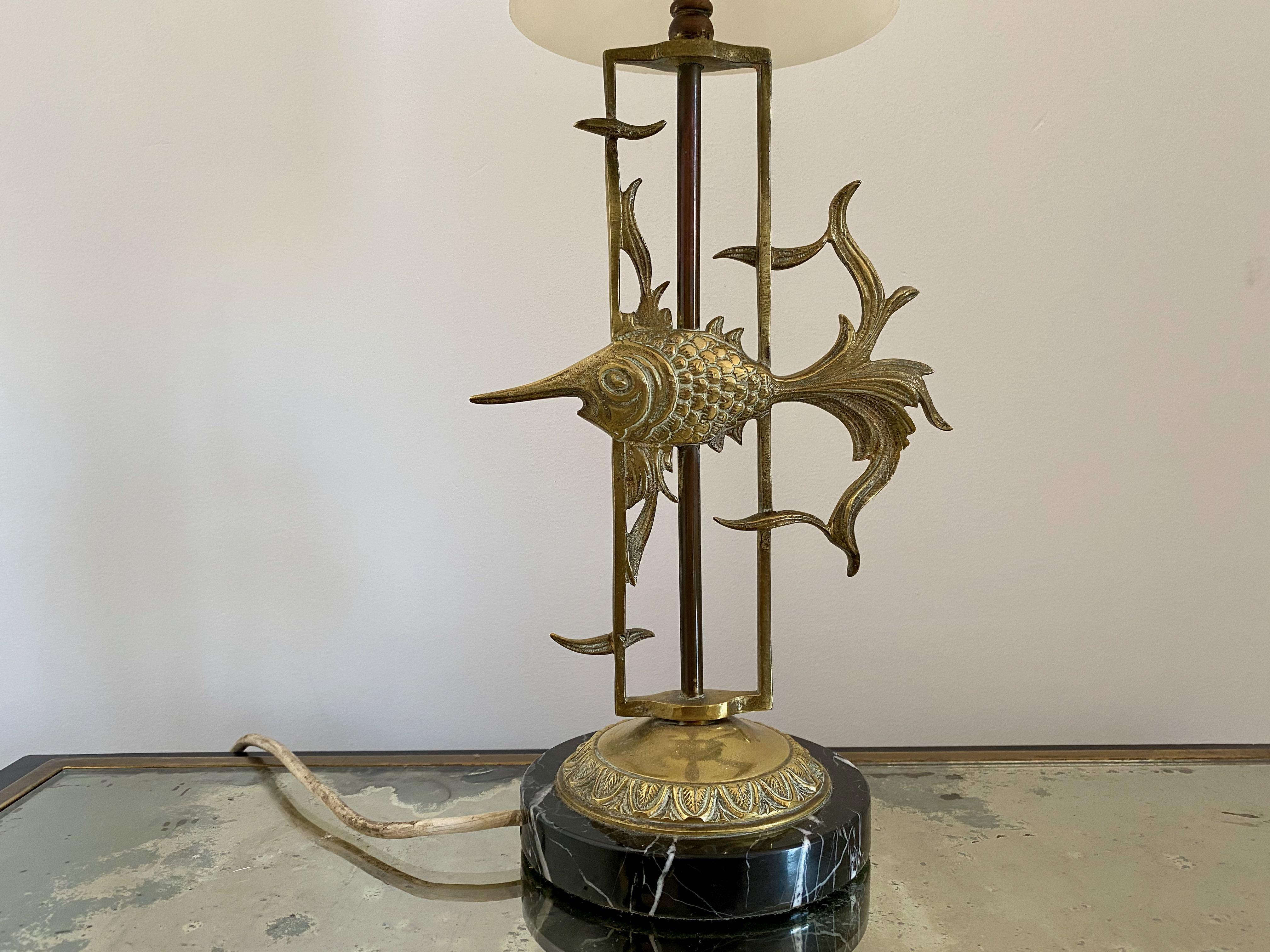 Midcentury French 1950s Brass and Marble Fish Lamp For Sale 1