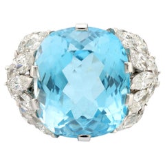 Mid Century French 22 carat aquamarine diamond 18k white gold cocktail ring