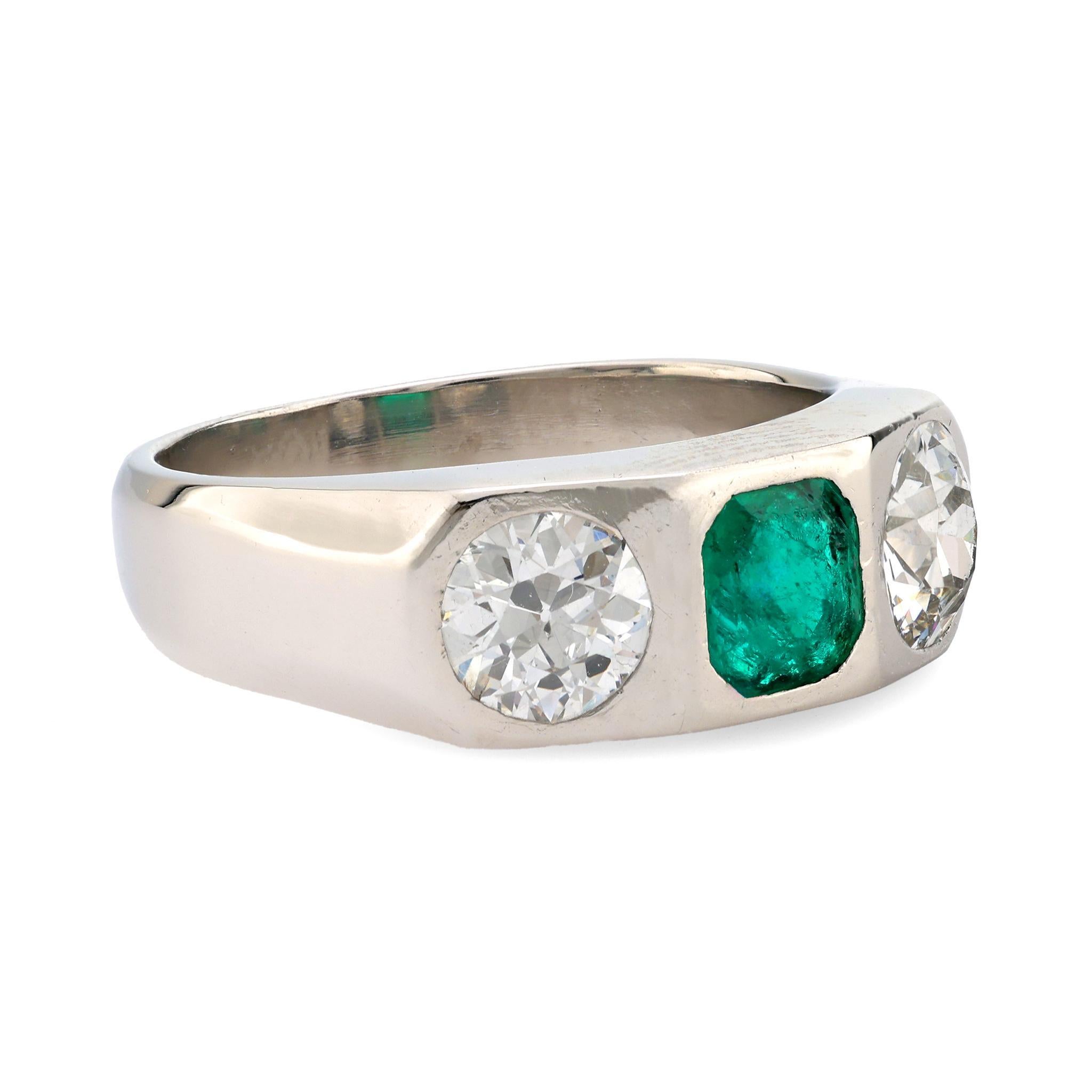 Modern Mid Century French 2.30 carat emerald and diamond platinum three stone band