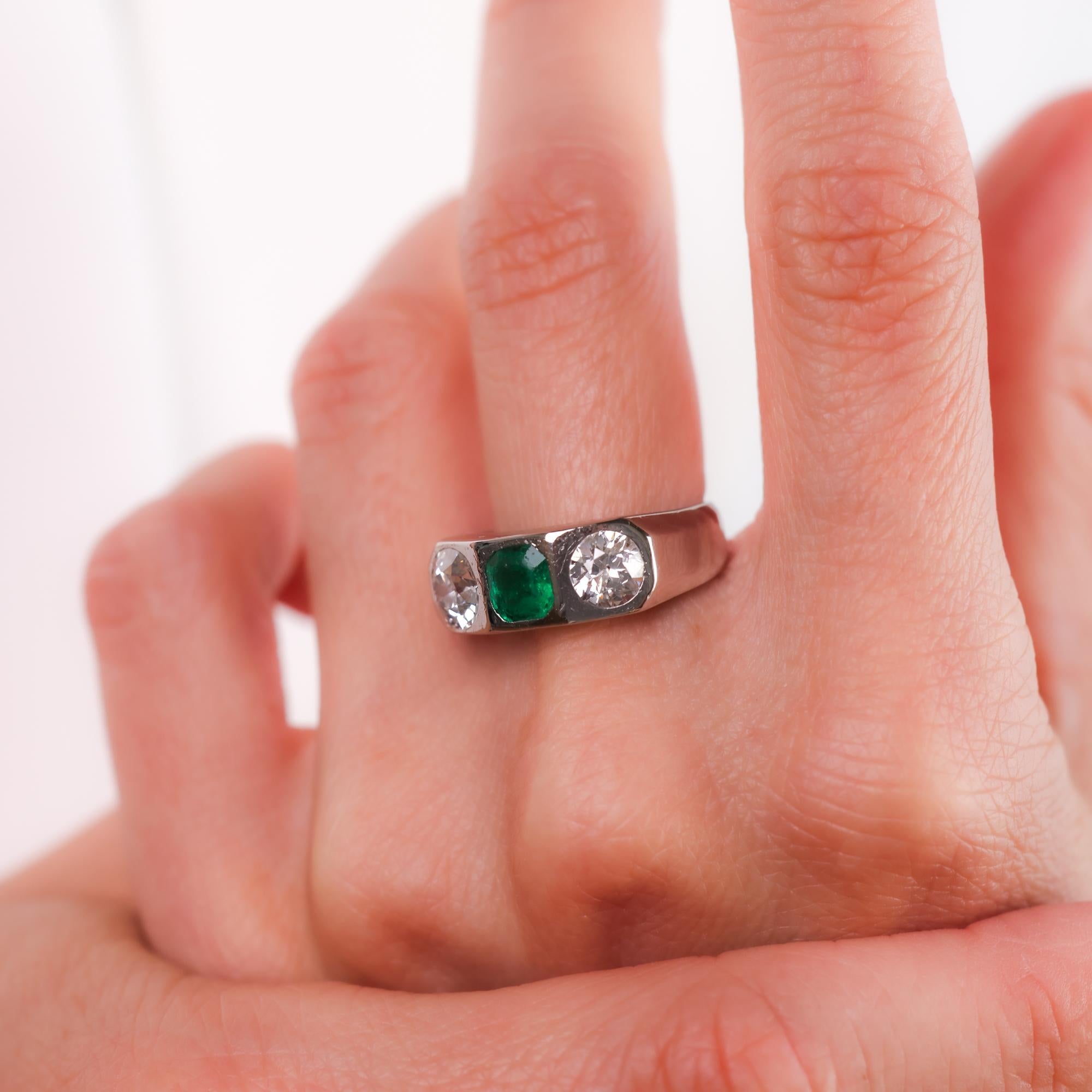 Emerald Cut Mid Century French 2.30 carat emerald and diamond platinum three stone band