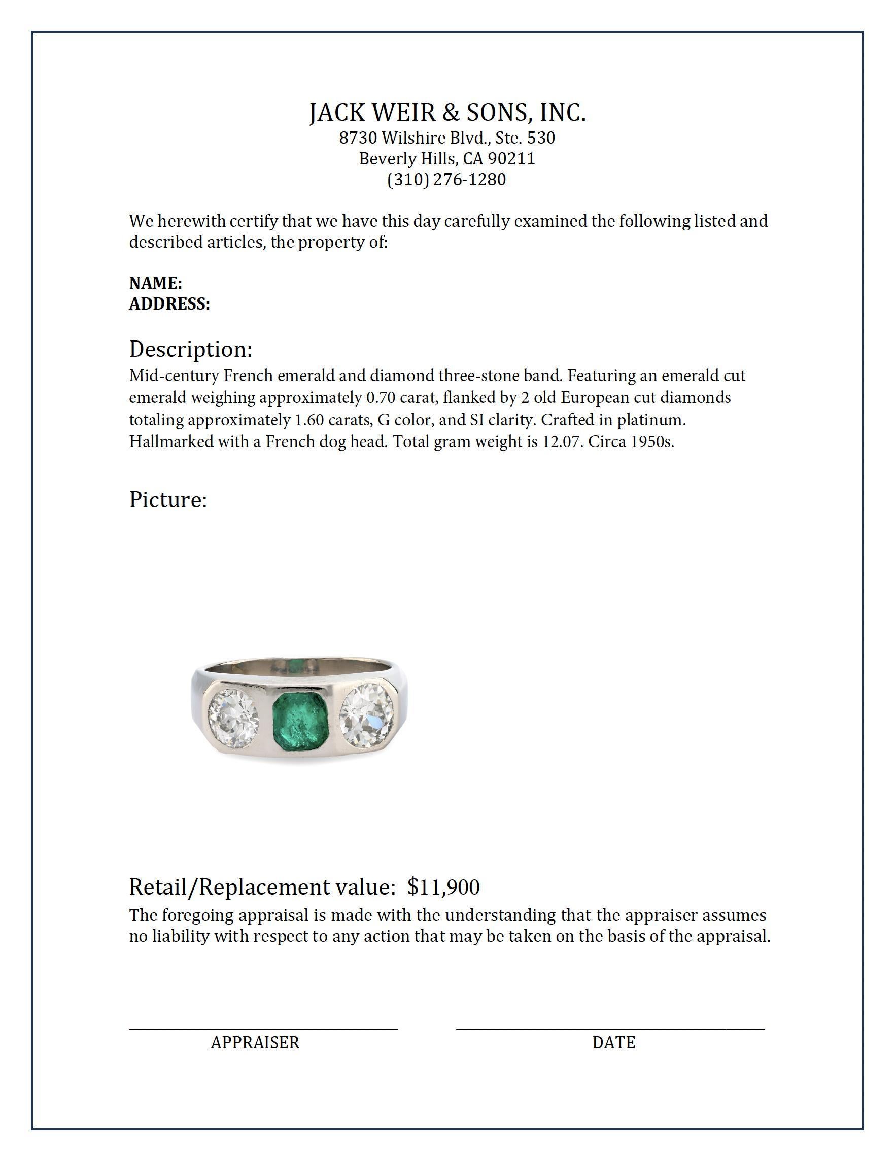 Mid Century French 2.30 carat emerald and diamond platinum three stone band In Excellent Condition In Beverly Hills, CA