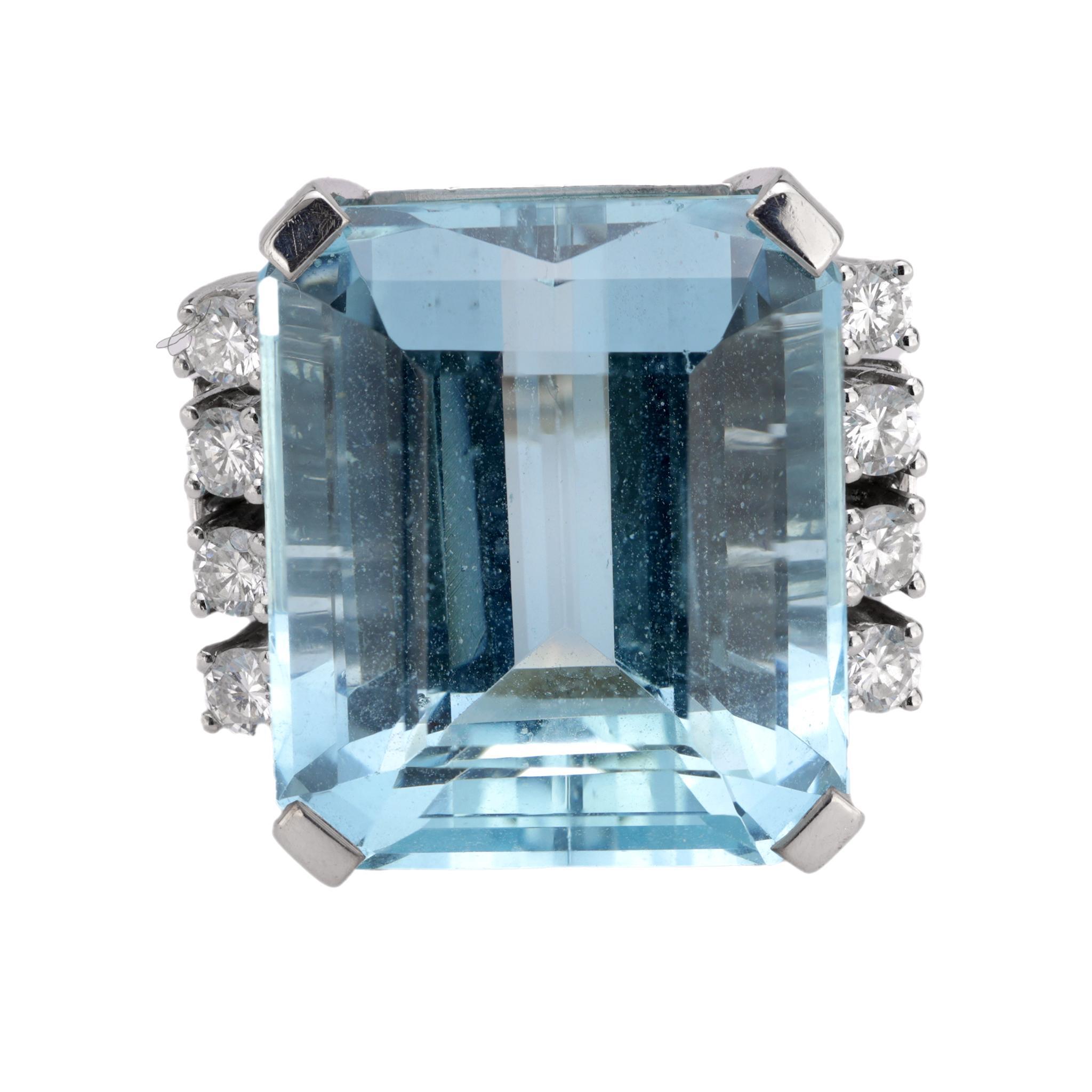 Modern Mid Century French 30 carat aquamarine diamond 18k white gold cocktail ring