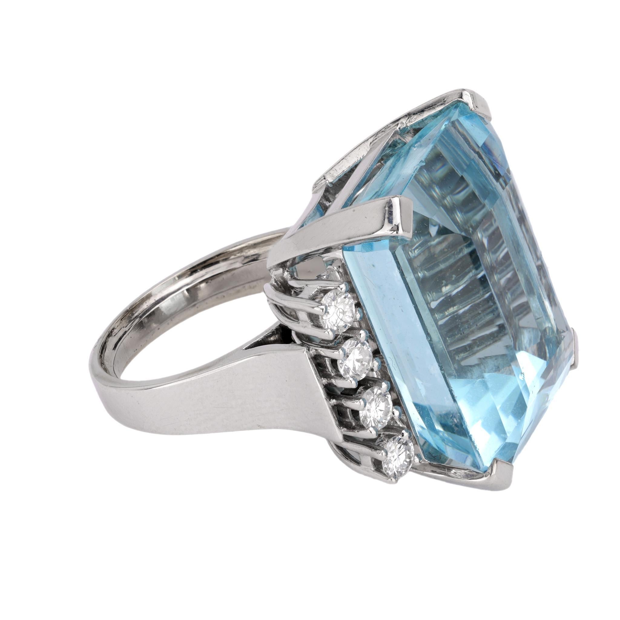 Mid Century French 30 carat aquamarine diamond 18k white gold cocktail ring In Excellent Condition In Beverly Hills, CA