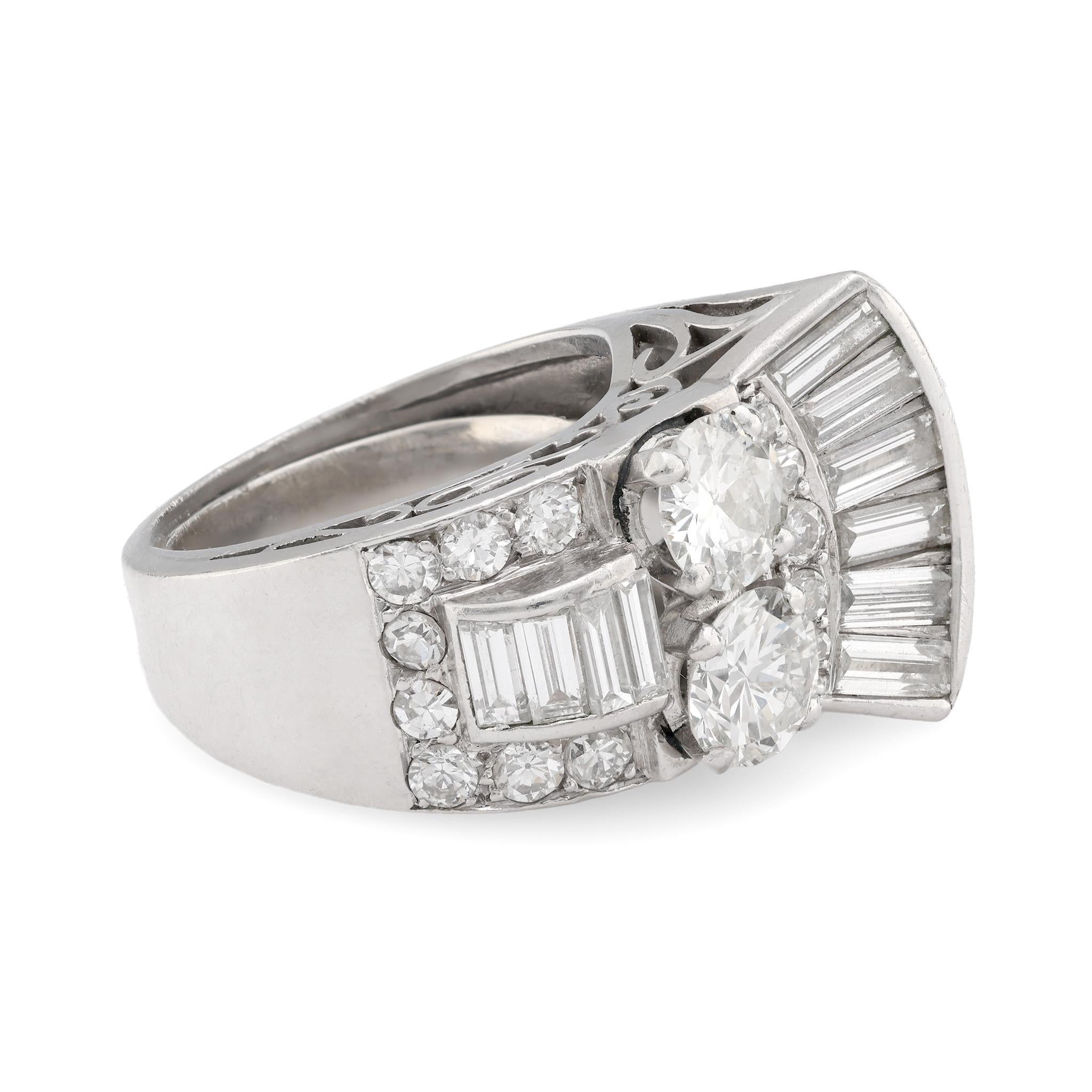 Modern Mid Century French 3.20 carat total weight diamond platinum cocktail ring For Sale