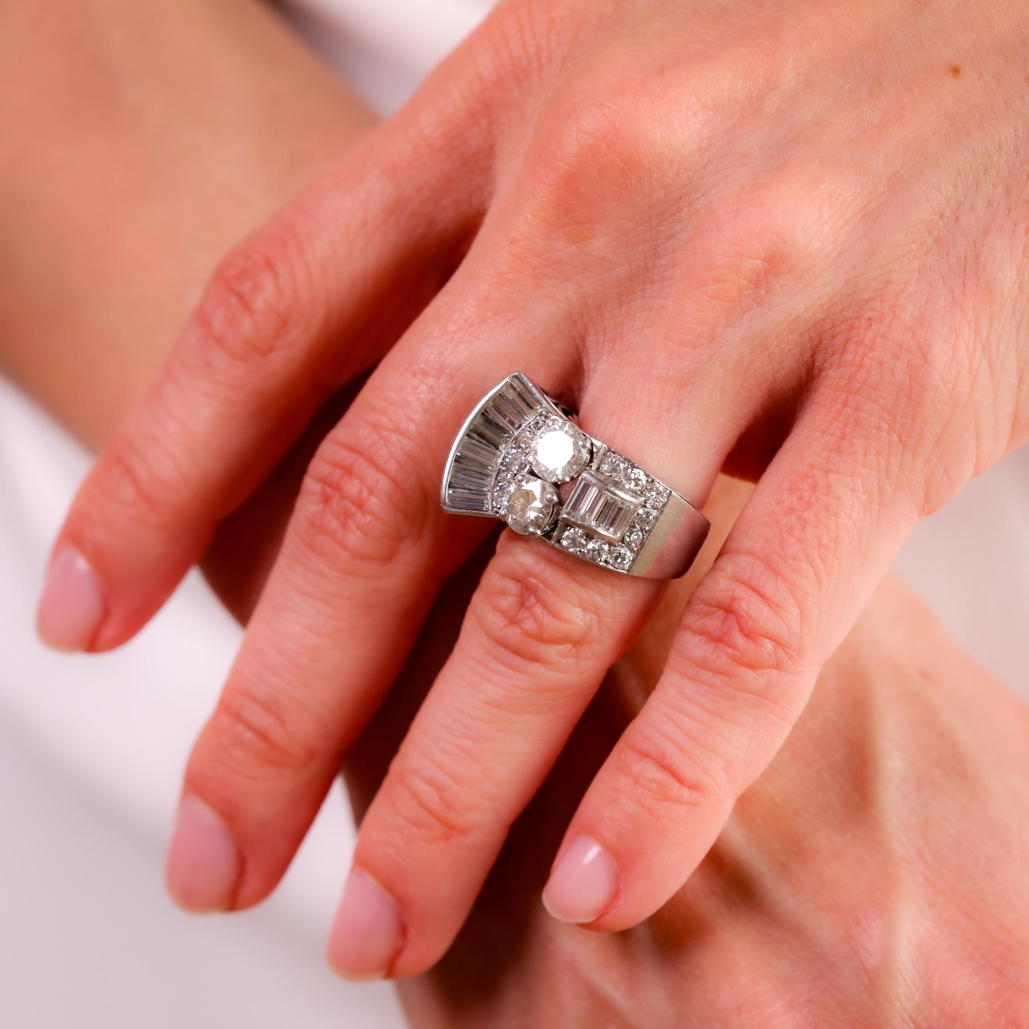 Single Cut Mid Century French 3.20 carat total weight diamond platinum cocktail ring For Sale