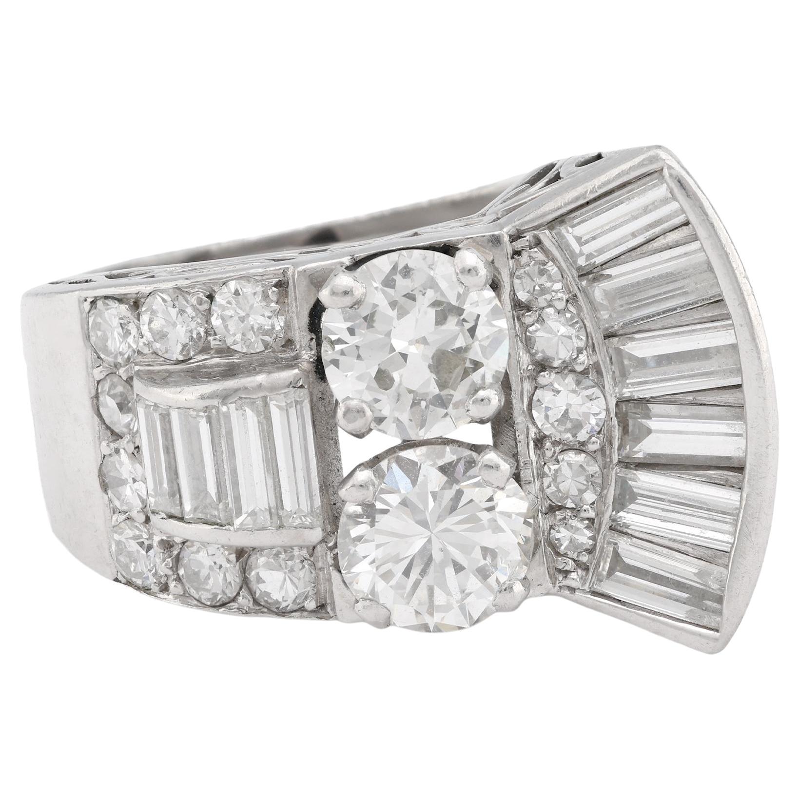 Mid Century French 3.20 carat total weight diamond platinum cocktail ring For Sale