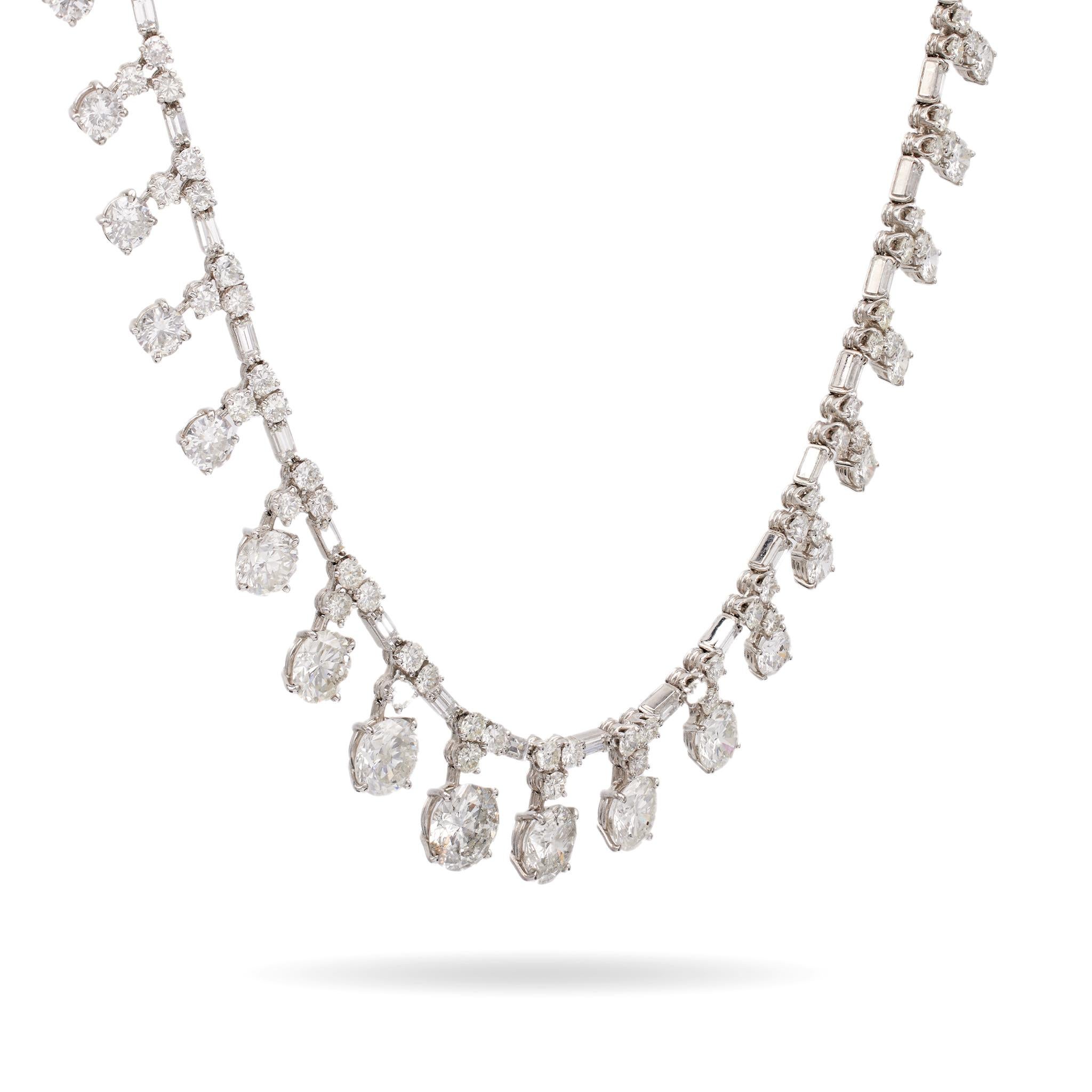 Mid-Century French 33.30 Carat Total Weight Platinum Rivière Drop Necklace In Good Condition For Sale In Beverly Hills, CA