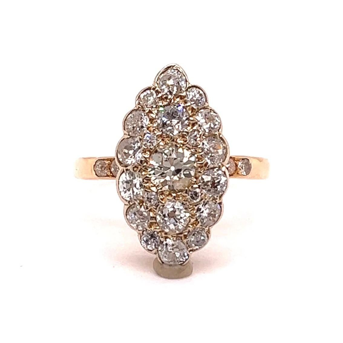 Women's or Men's Mid-Century French 3.60 Carats Old European Cut Diamonds 18K Gold Navette Ring