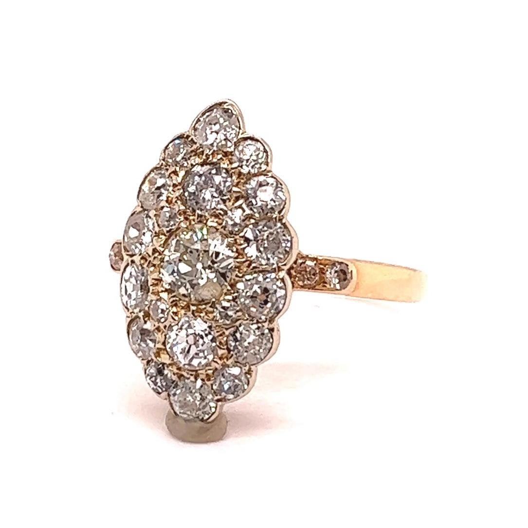 Mid-Century French 3.60 Carats Old European Cut Diamonds 18K Gold Navette Ring 1