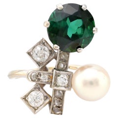 Mid Century French 4.60 carat green tourmaline pearl diamond 18k gold ring