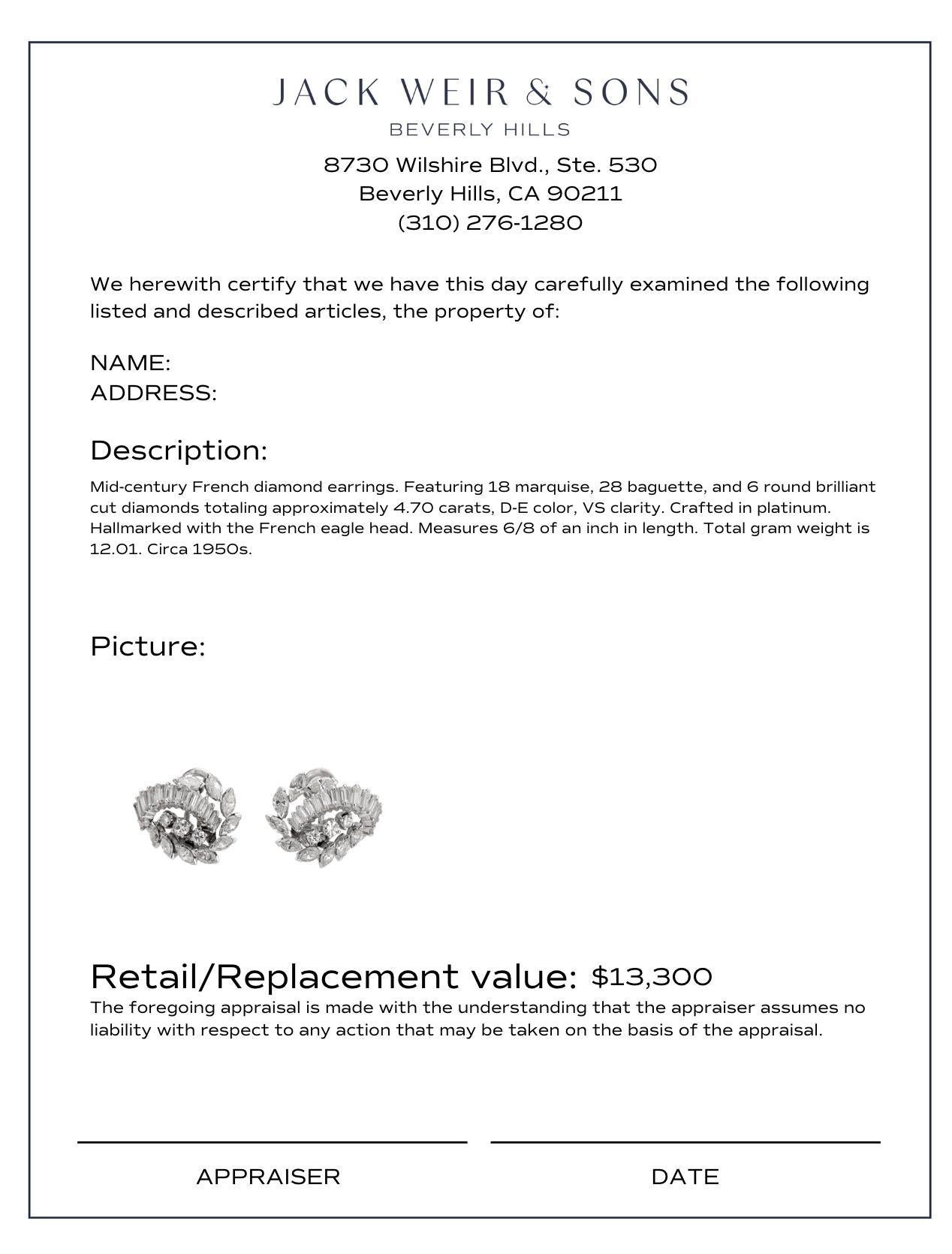 Boucles d'oreilles en platine avec diamant de 4,70 carats de style français du milieu du siècle Excellent état à Beverly Hills, CA