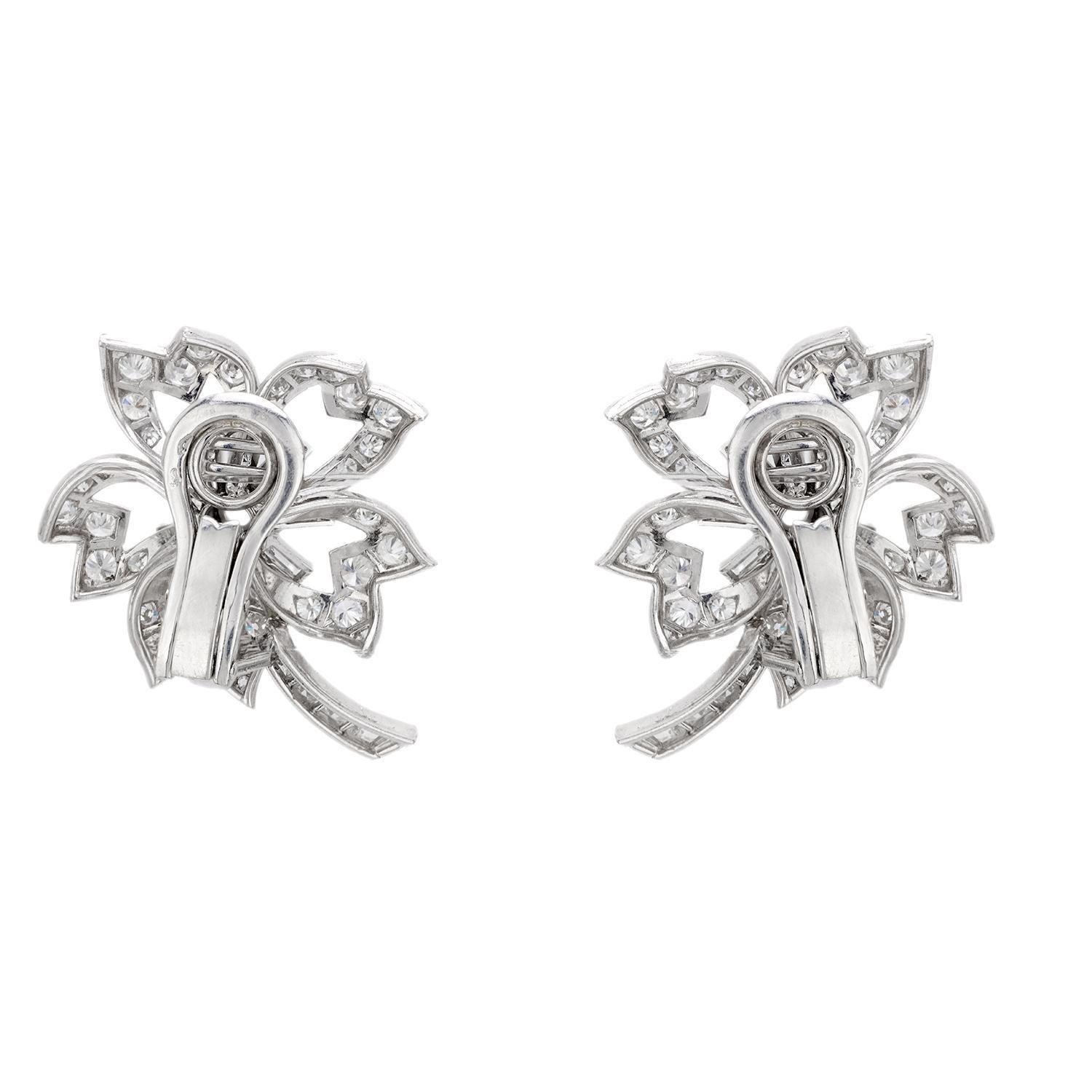 Modern Mid Century French 4.80 carat total weight diamond platinum flower earrings