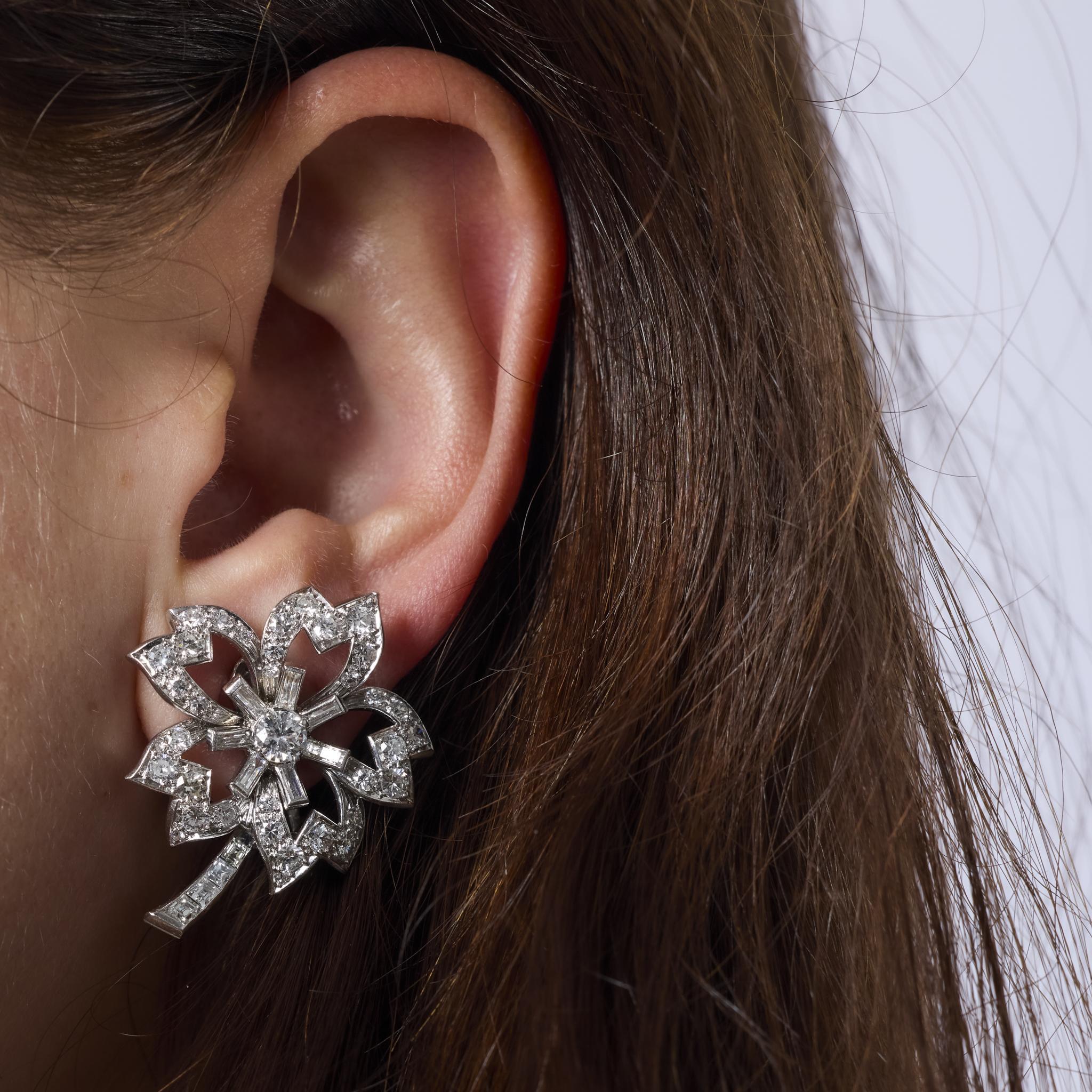 Baguette Cut Mid Century French 4.80 carat total weight diamond platinum flower earrings