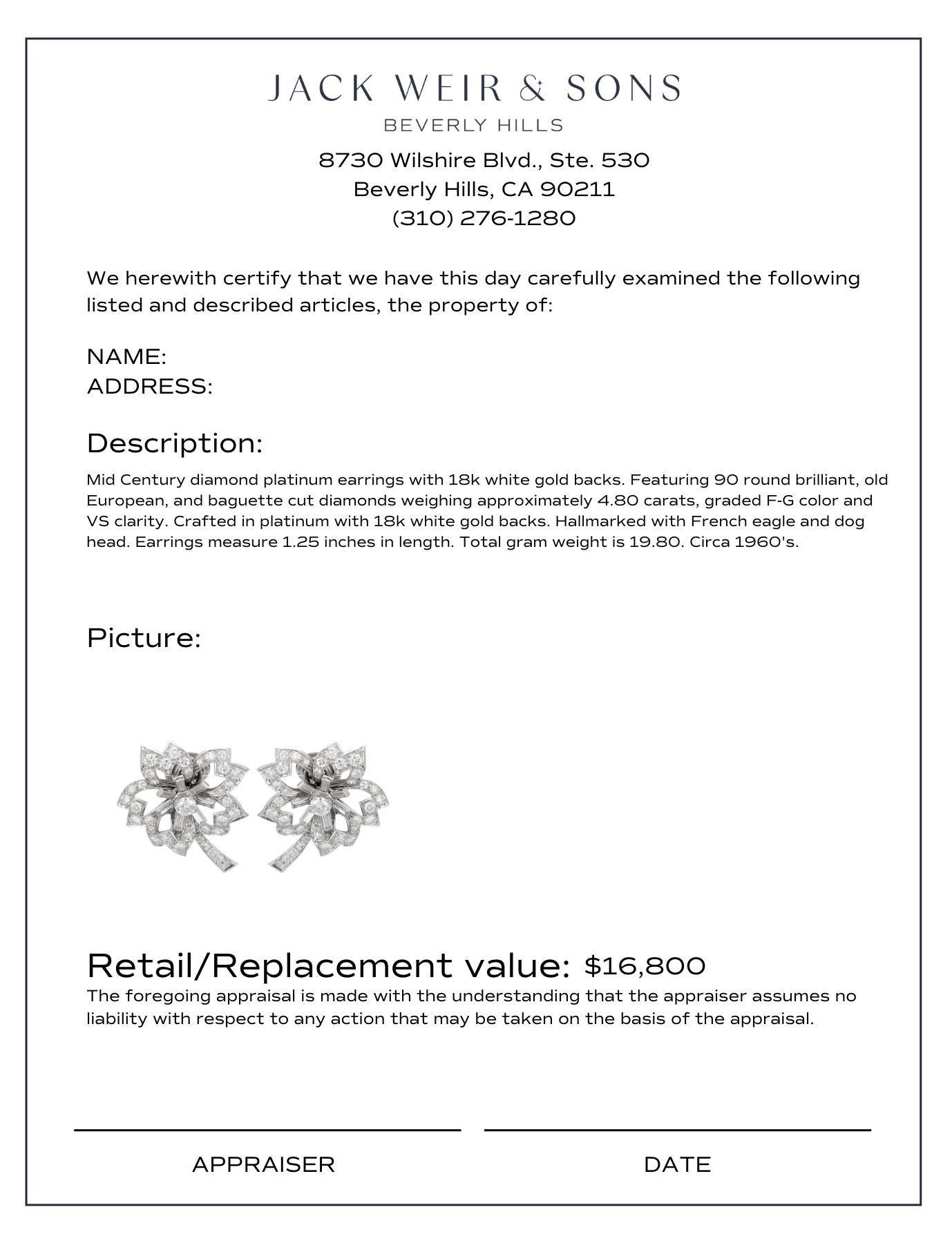 Mid Century French 4.80 carat total weight diamond platinum flower earrings In Good Condition In Beverly Hills, CA