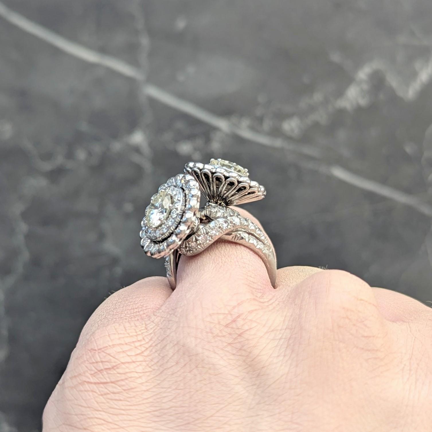 Mid-Century French 5.85 CTW Diamond Platinum Vintage Halo Bypass Floral Ring For Sale 7
