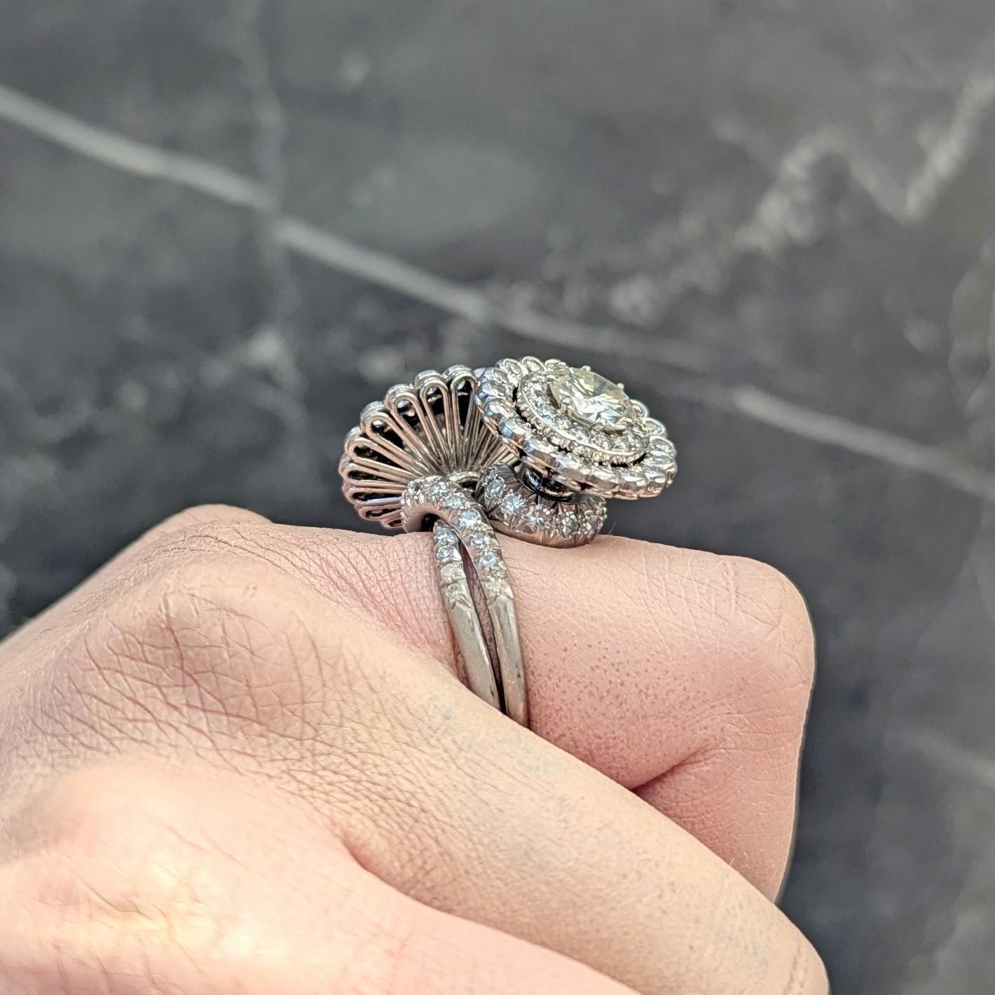 Mid-Century French 5.85 CTW Diamond Platinum Vintage Halo Bypass Floral Ring For Sale 8