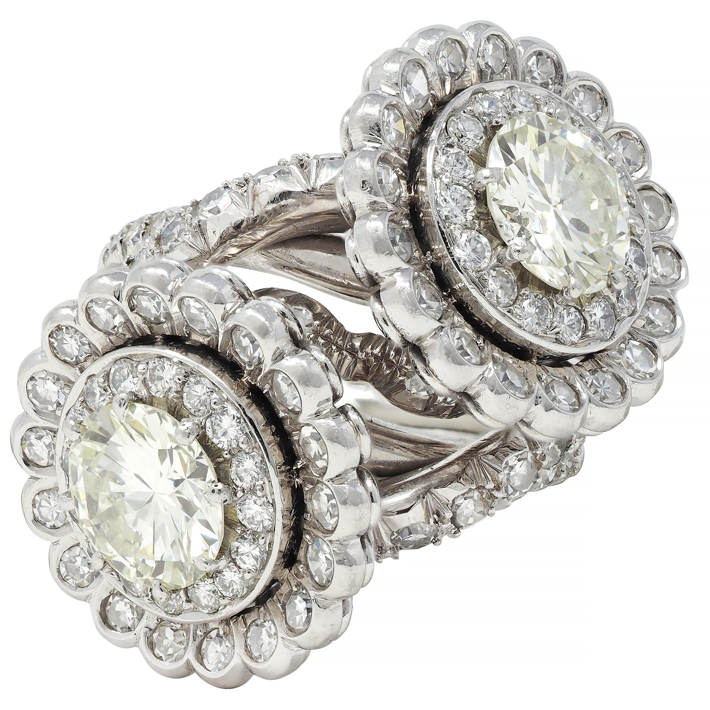 Mid-Century French 5.85 CTW Diamond Platinum Vintage Halo Bypass Floral Ring In Excellent Condition For Sale In Philadelphia, PA